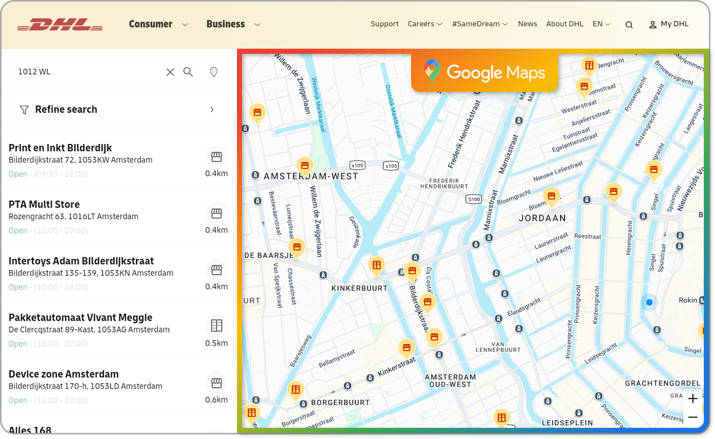 The shop location finder page on the DHL website embedding the Google Maps web application