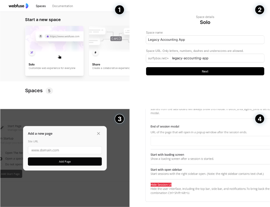 Visual step-by-step guide on how to set up a Webfuse Space for embedding any website