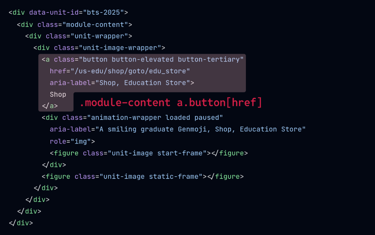 A DOM snapshot (HTML) visualising CSS selector targeting