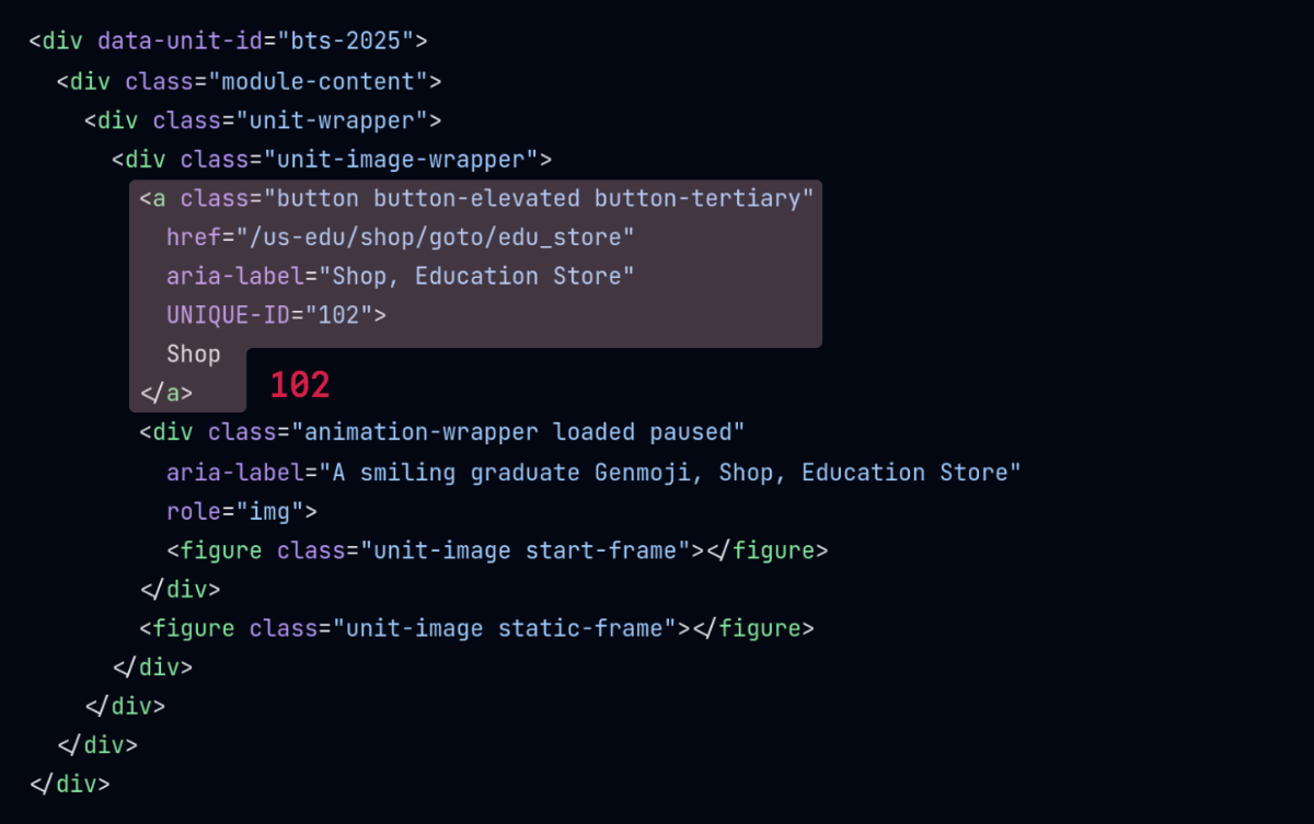 A DOM snapshot (HTML) visualising unique ID (attribute) targeting