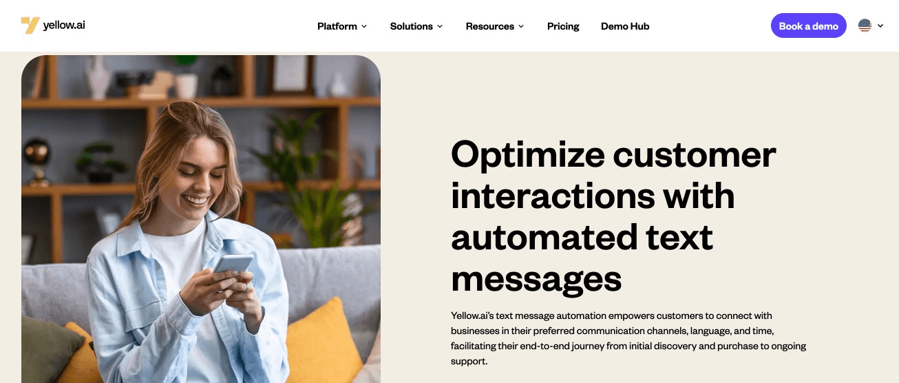 Yellow.ai landing page promoting their dynamic automation platform