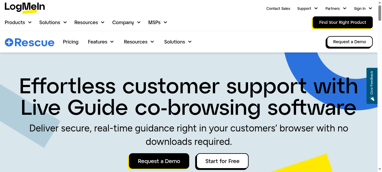 The LogMeIn Rescue Live Guide product page, offering real-time guidance inside the customer's own browser with no downloads required