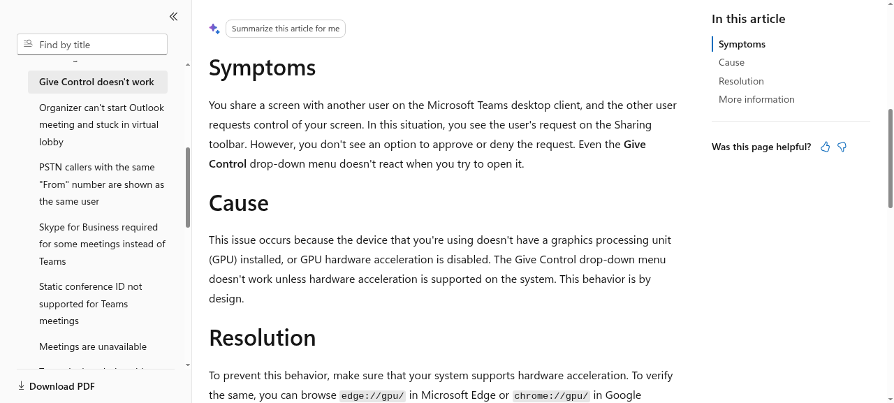 Microsoft's troubleshooting page stating that the Give Control drop-down does not work unless GPU hardware acceleration is supported on the system