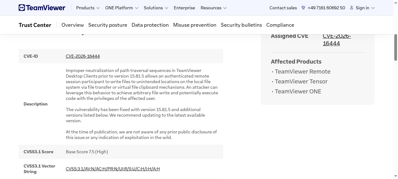 TeamViewer's security bulletin for CVE-2026-16444, listing a CVSS base score of 7.5 High and describing path traversal through file transfer or the virtual file clipboard