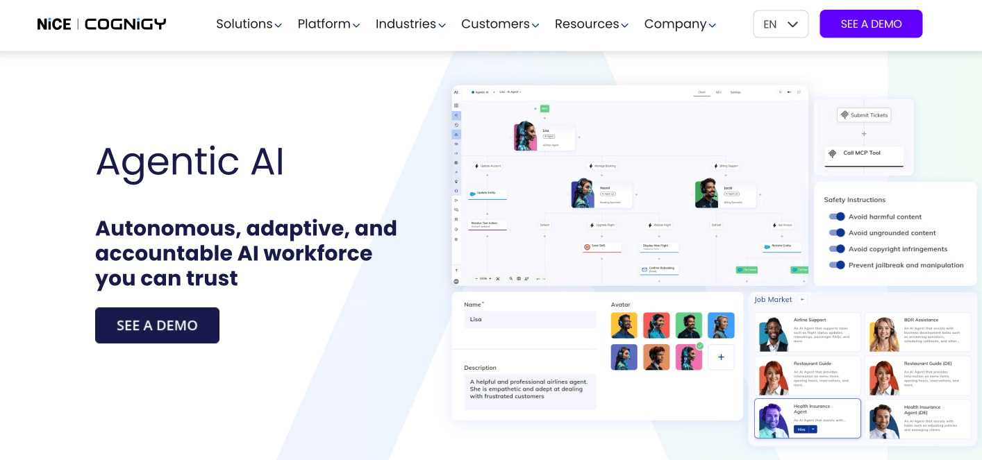 Cognigy landing page showcasing their enterprise AI agent platform