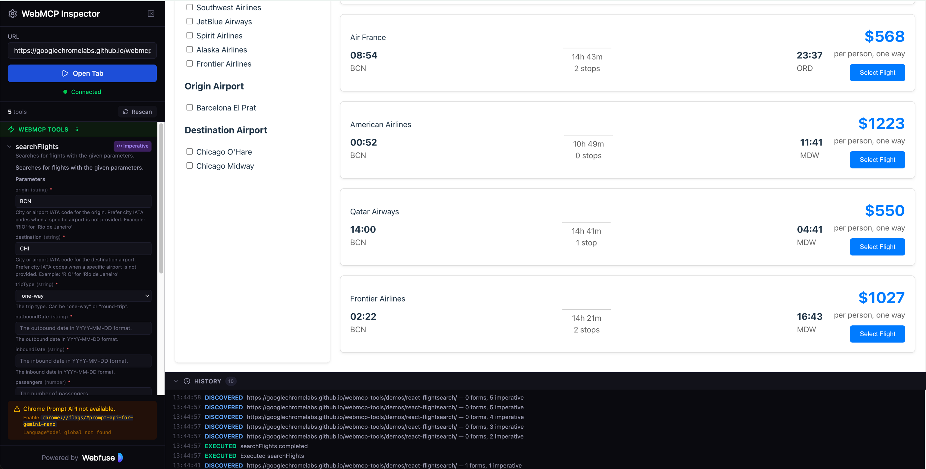 Screenshot of the WebMCP Inspector tool showing registered tools, input schemas, and live execution in the browser