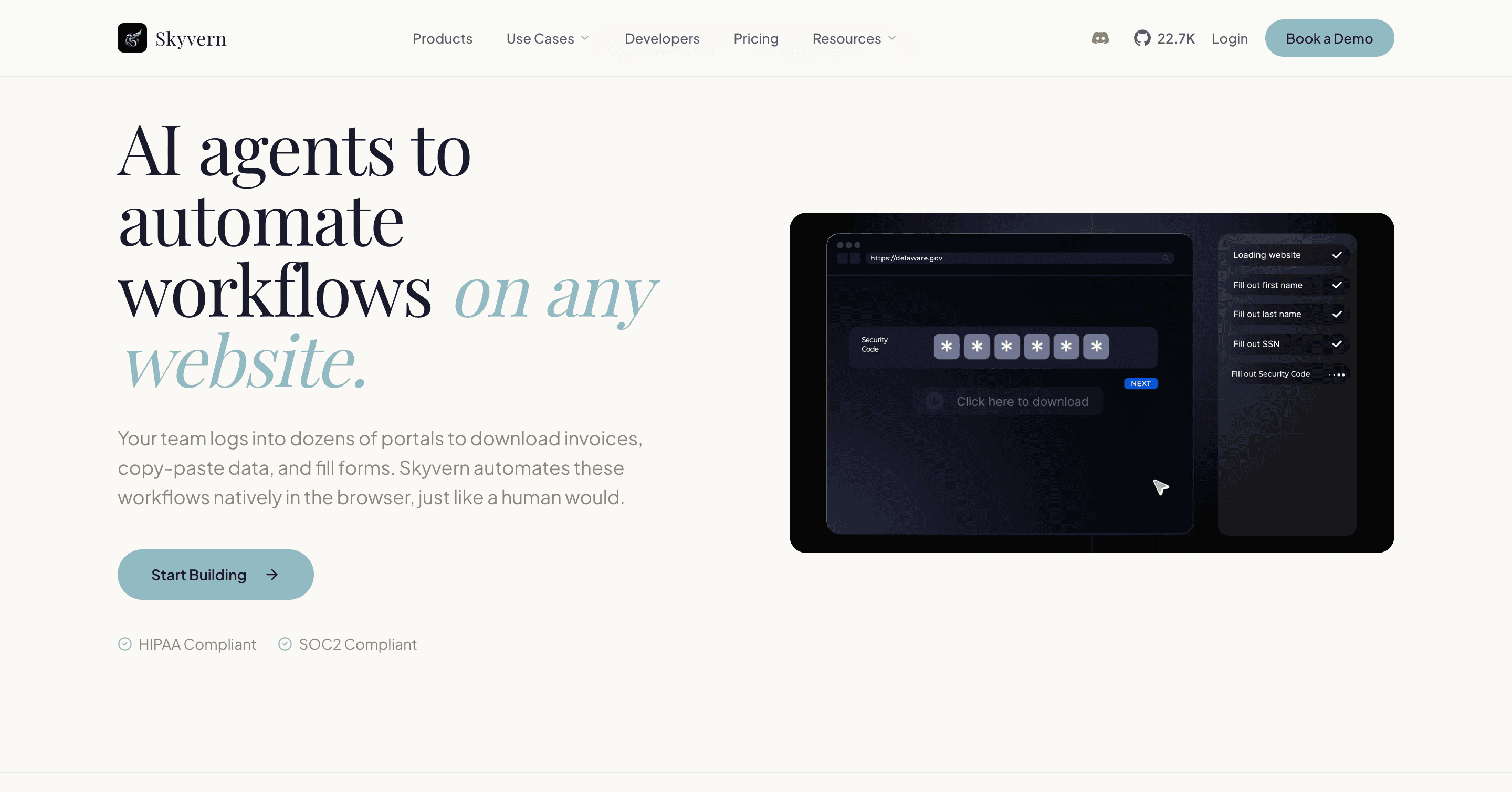 The Skyvern homepage, headlined "AI agents to automate workflows on any website", with a browser panel showing an agent filling a government portal form. A task checklist beside it ticks off loading the website, filling first name, last name and SSN, with the security code step still running, and the page carries HIPAA and SOC2 compliance badges