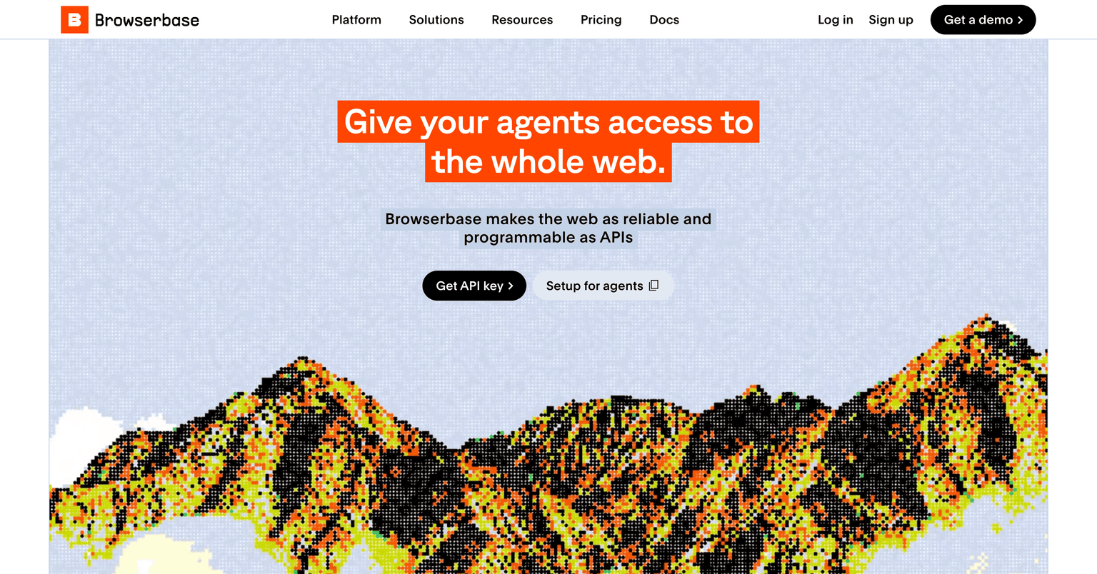 The Browserbase homepage, headlined "Give your agents access to the whole web", with the subtitle describing the product as making the web as reliable and programmable as APIs, and primary calls to action to get an API key or set up for agents