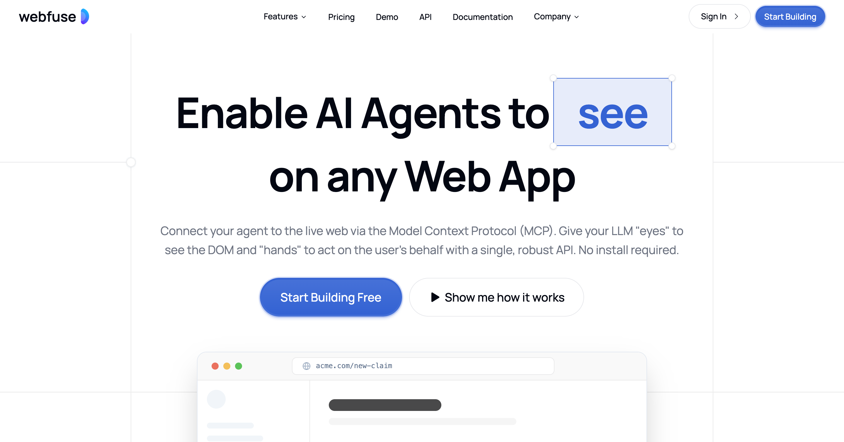 Webfuse adding a custom AI agent to a live website through its proxy-based augmentation layer, with no changes to the original application's code