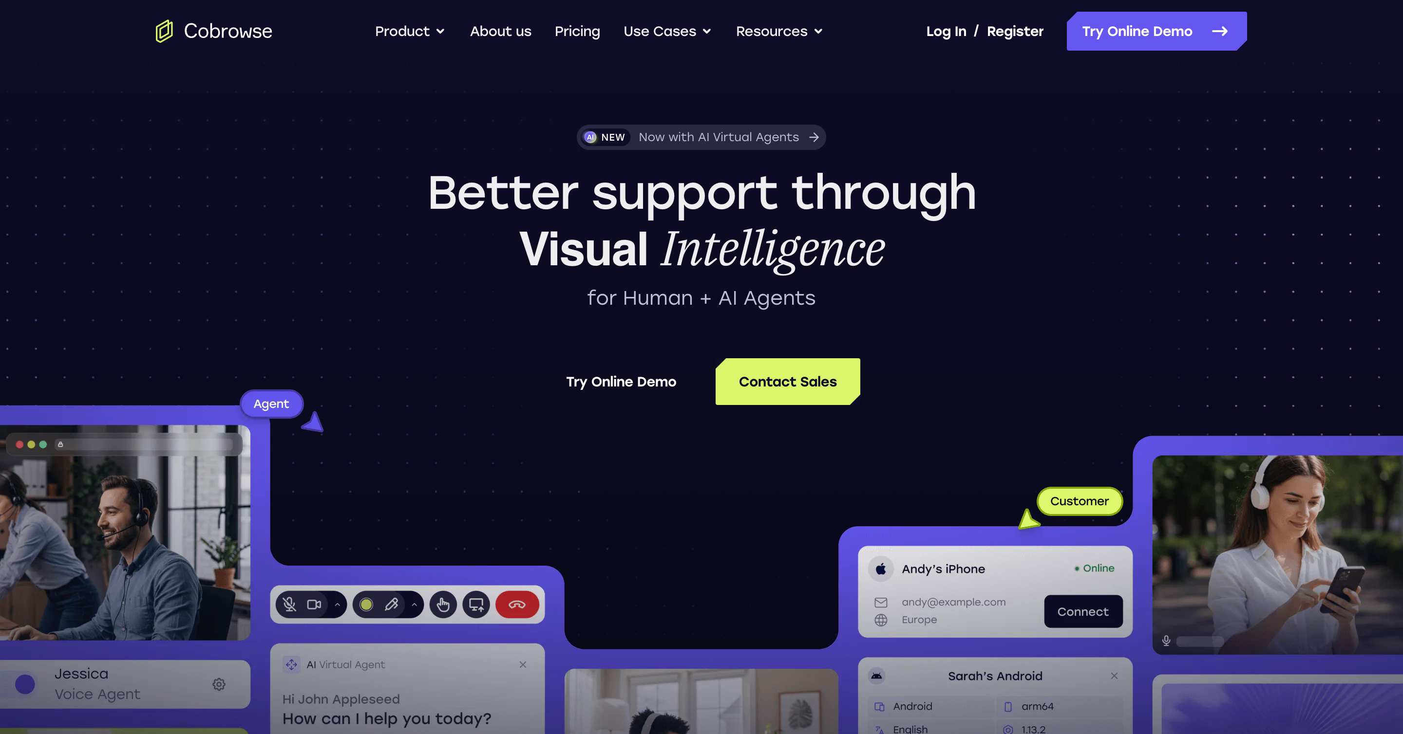 The Cobrowse.io homepage, positioning co-browsing for human and AI agents across web and mobile