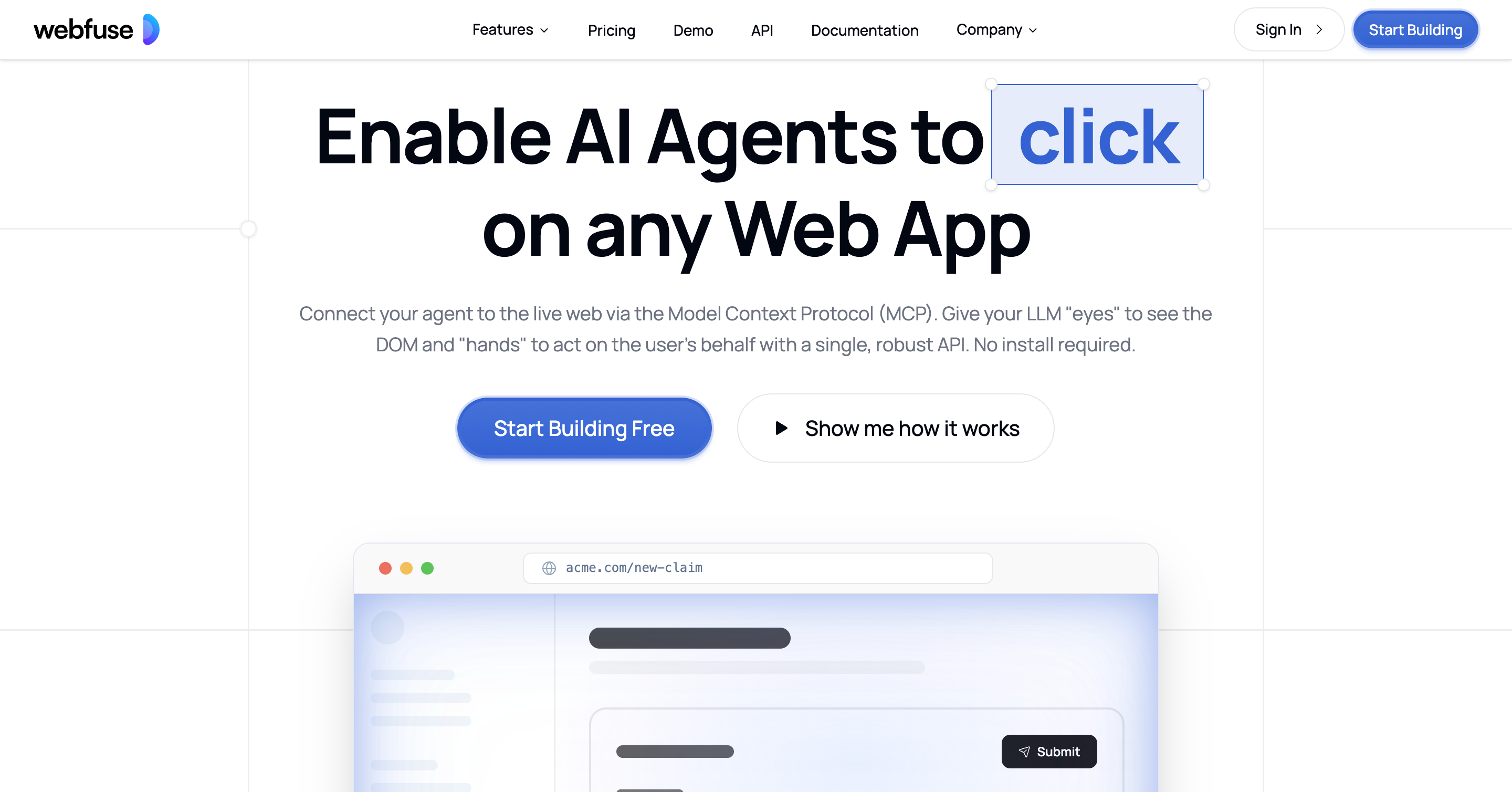 The Webfuse homepage, describing a proxy that connects an agent to the live web so it can see the DOM and act on the user's behalf with no install required