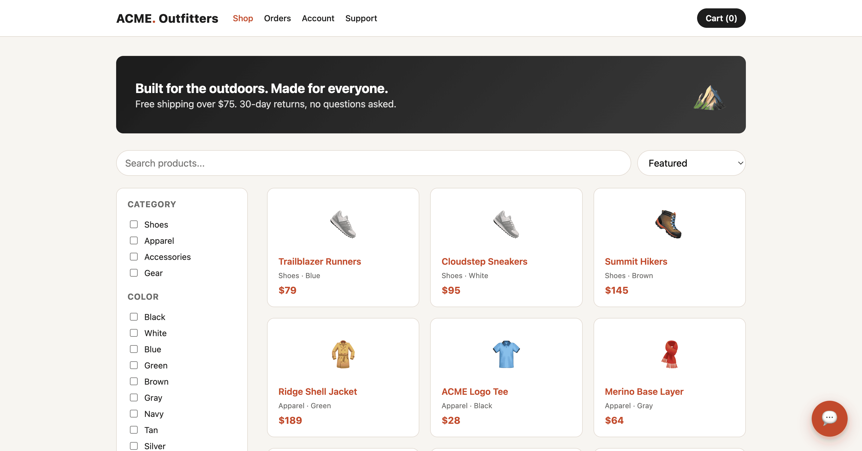 Screenshot of the ACME Outfitters fictional e-commerce site with the Page Agent support chatbot rendered as a floating action button in the bottom-right corner