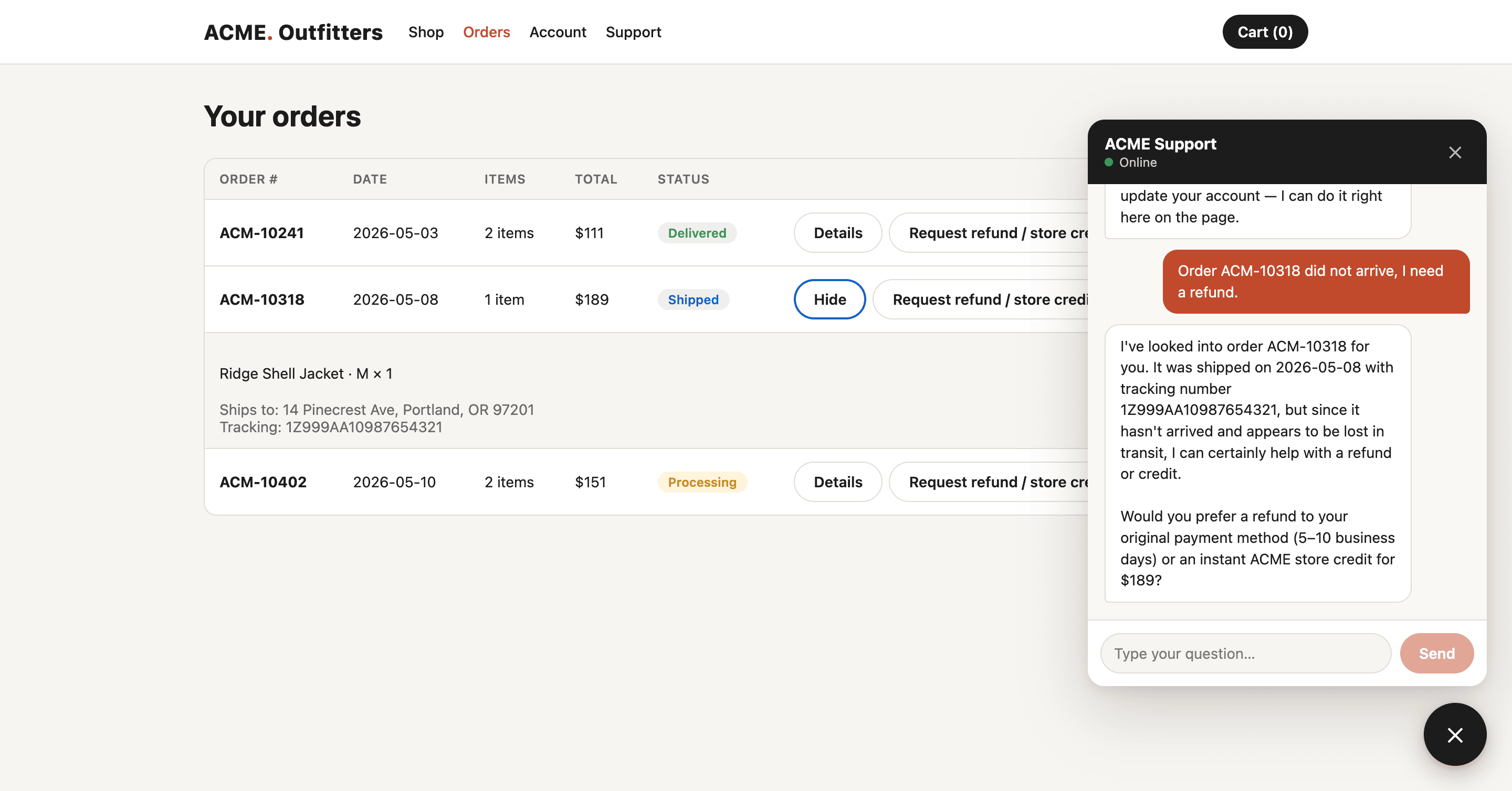 Page Agent rendering the support chatbot's diagnostic response with two compensation options after inspecting the order status on the ACME Outfitters orders page