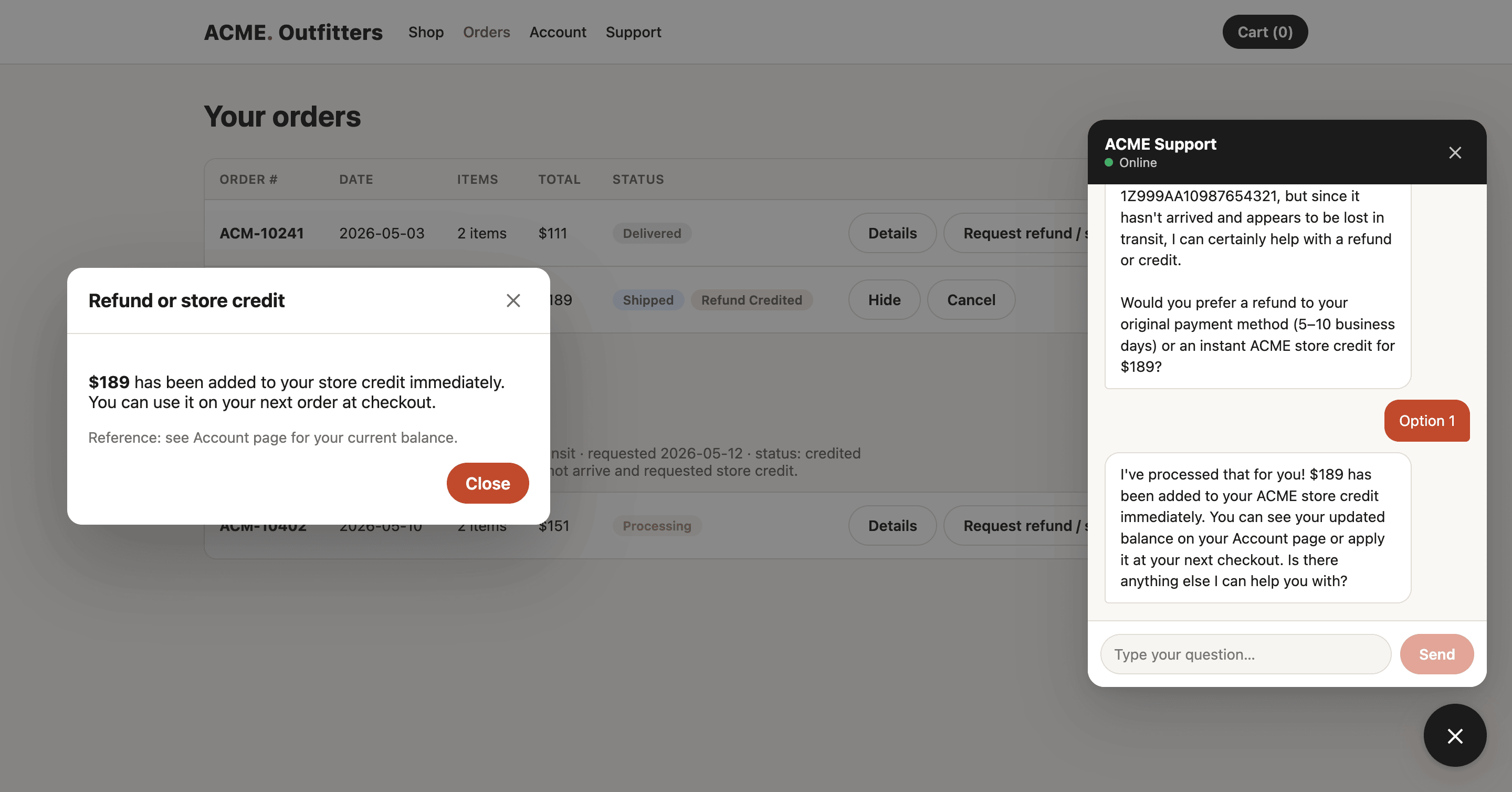 Page Agent operating the refund modal on the ACME Outfitters order details page, with the "Store Credit" option selected and the reason field filled in