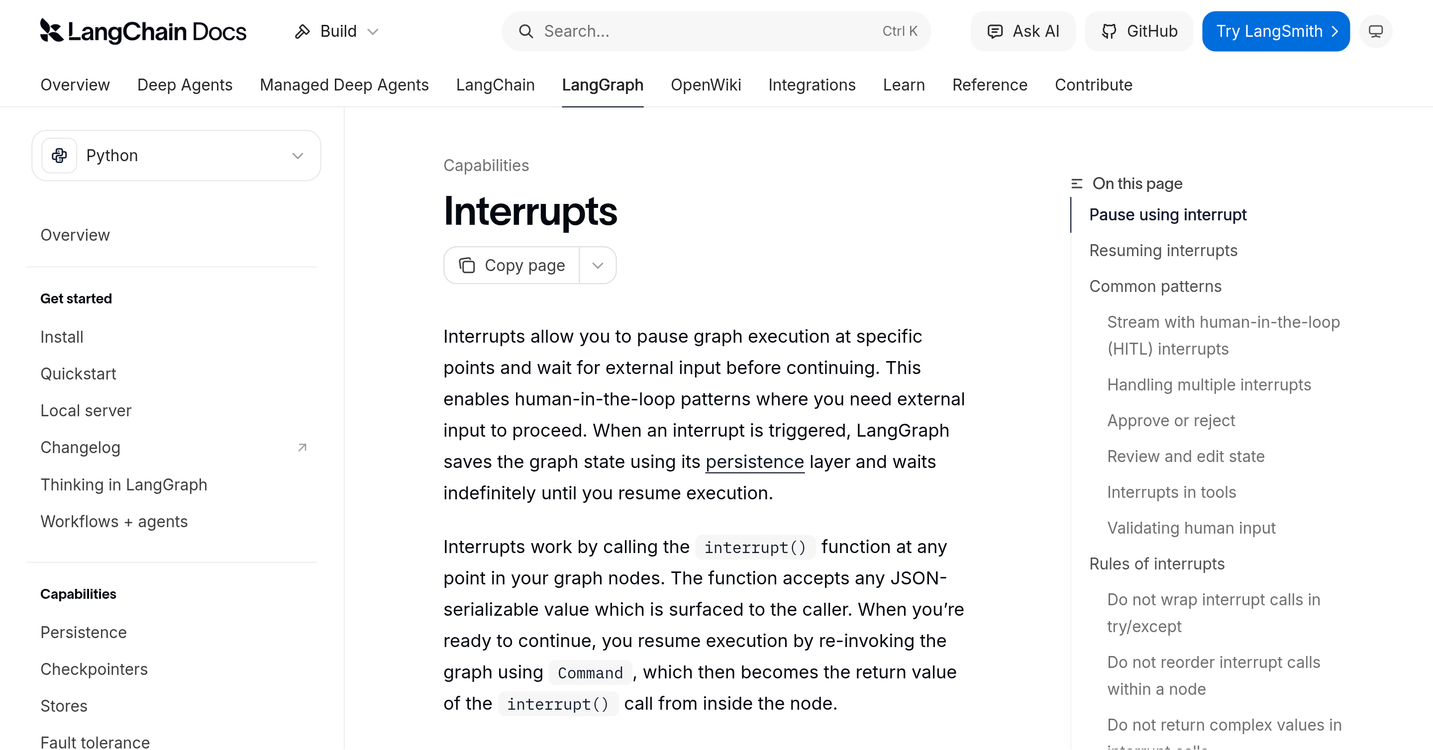 The LangGraph documentation page on interrupts, explaining that interrupts pause graph execution at specific points and wait for external input before continuing, and that when an interrupt is triggered LangGraph saves the graph state through its persistence layer and waits indefinitely until execution resumes - with an on-this-page sidebar listing the common patterns, including approve or reject, review and edit state, and validating human input