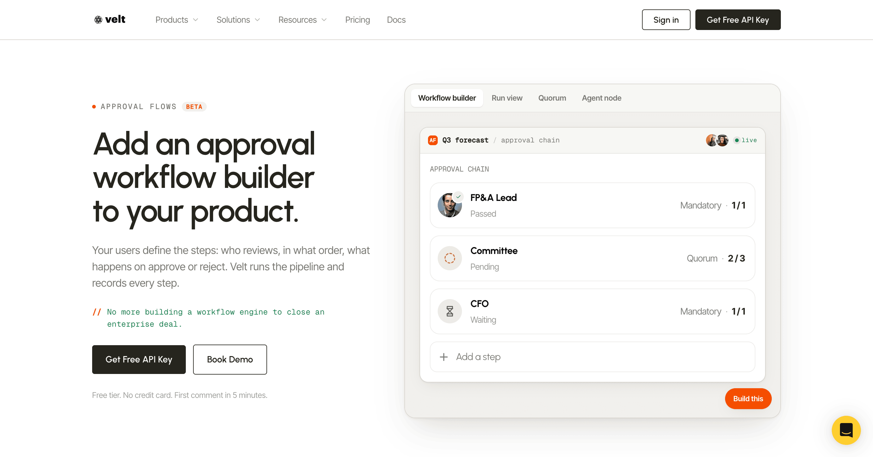 Velt's approval flows page, headlined "Add an approval workflow builder to your product", with a workflow builder panel showing a Q3 forecast approval chain of three stages - an FP&A Lead marked mandatory and passed, a committee stage requiring a two-of-three quorum and still pending, and a mandatory CFO stage waiting - plus an option to add a further step