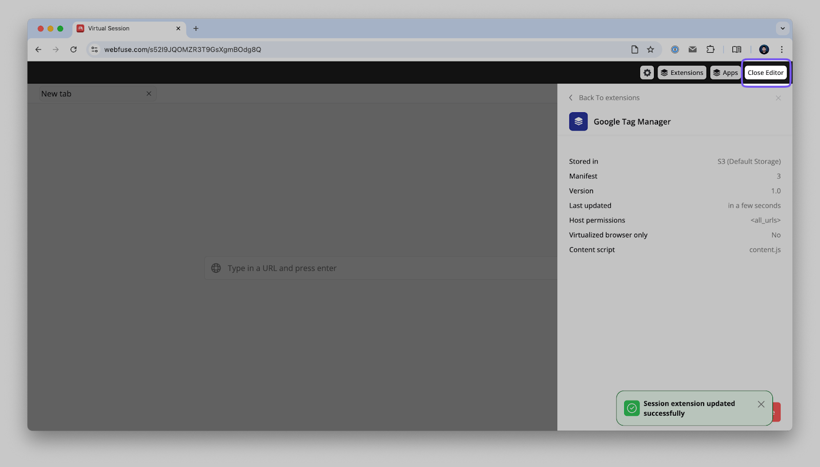 Webfuse workspace interface with settings panel being closed after successful configuration