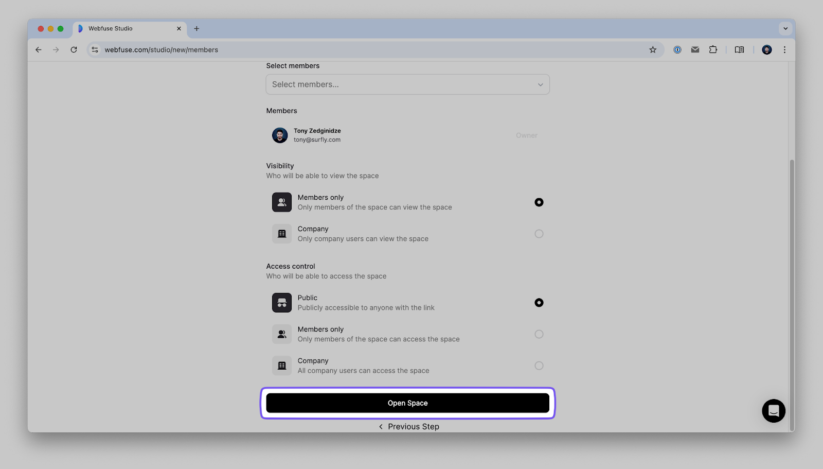 Webfuse workspace dashboard showing newly created space ready for extension installation