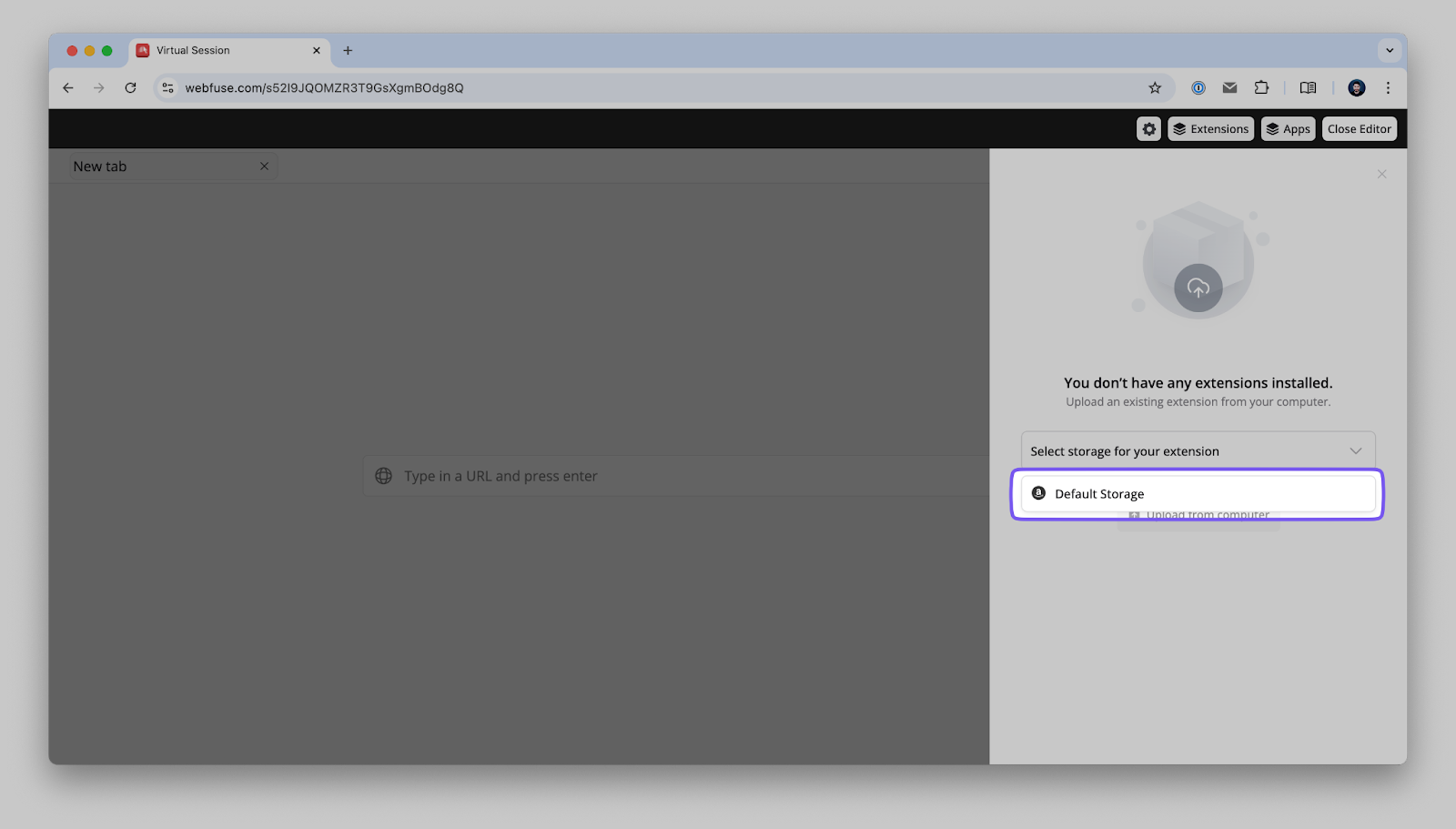 Webfuse default storage configuration screen for extension file management