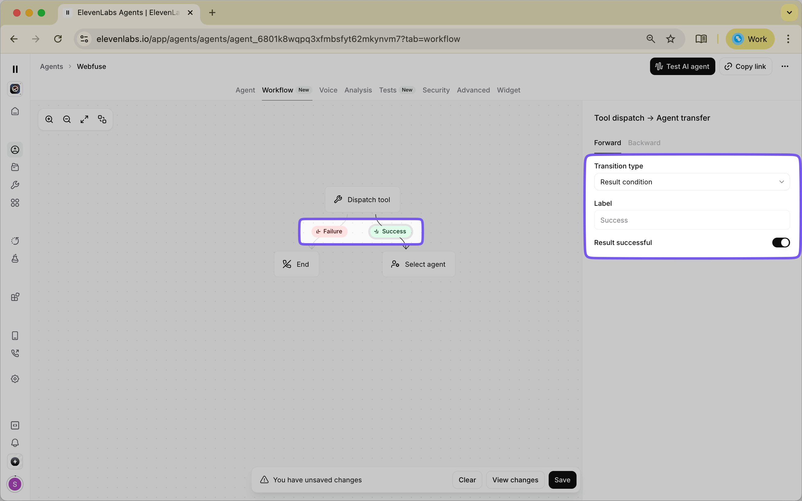 Screenshot of a Dispatch Tool node in ElevenLabs Agent Workflows illustrating success and failure paths for tool execution
