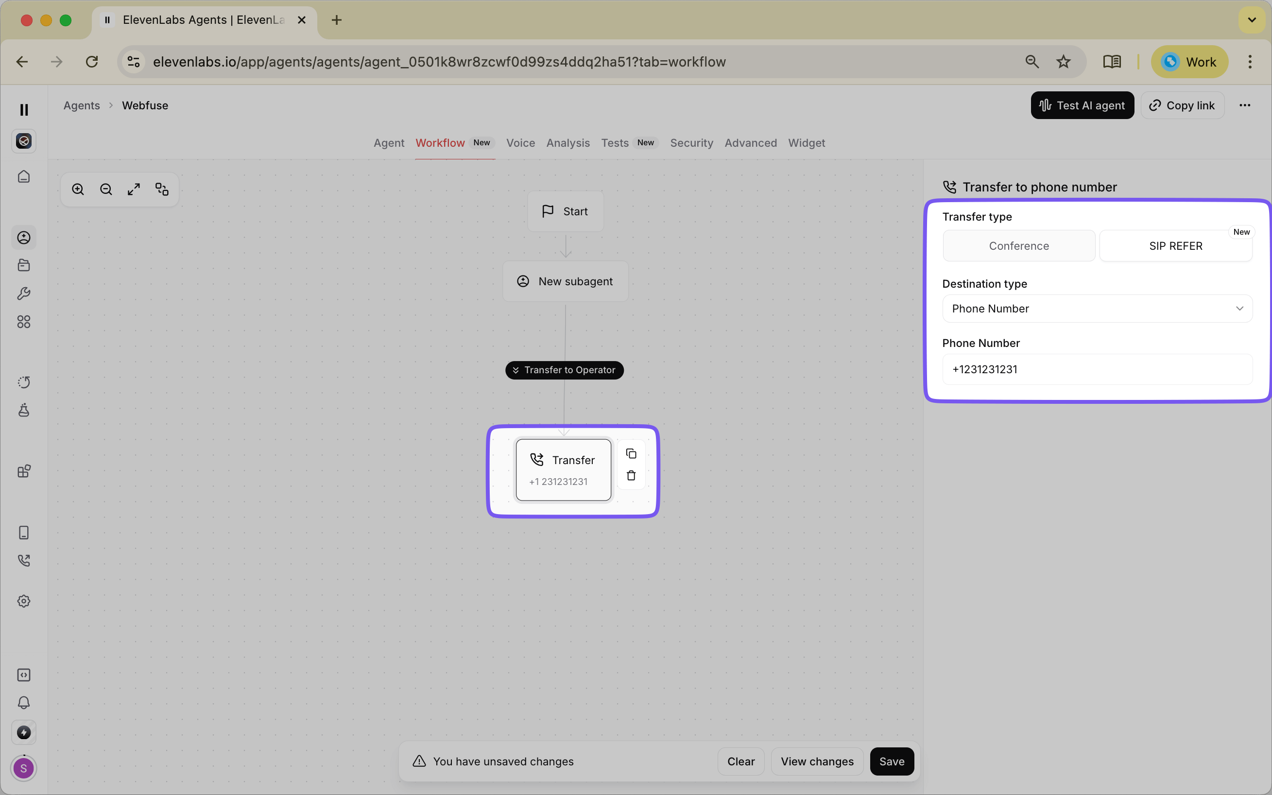 Screenshot of a Transfer to Number node interface showing configuration options for human agent handoff