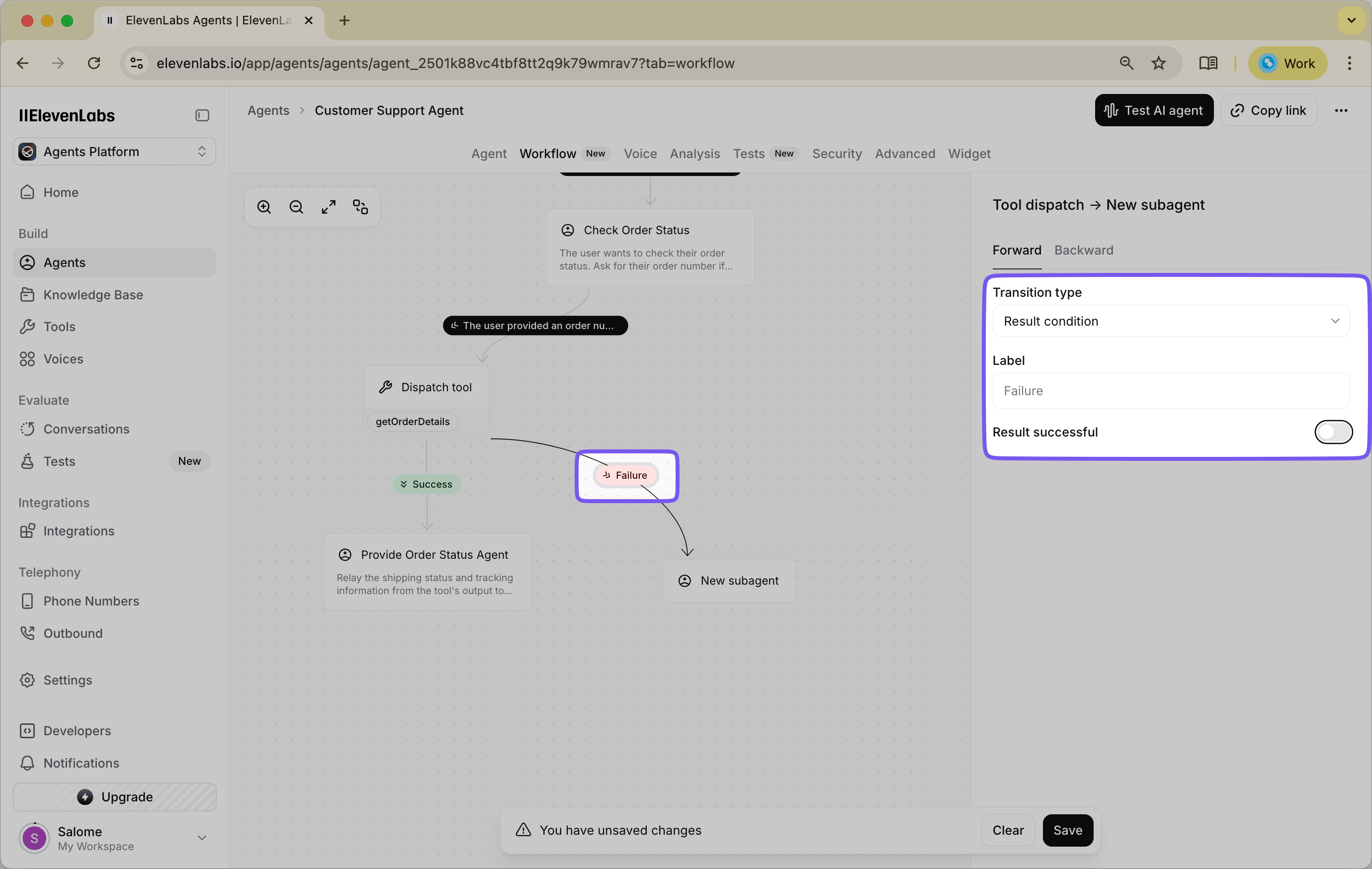 Configuration screen showing the setup of an error handling path for when the order lookup tool fails