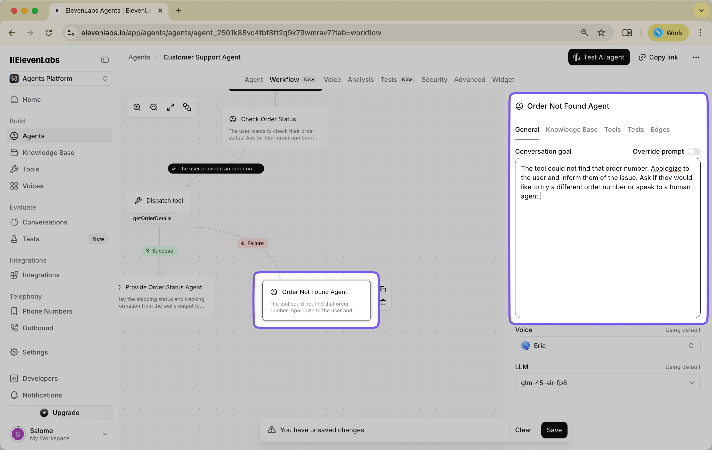 Interface showing prompt configuration for a Subagent that handles cases where an order number cannot be found in the system