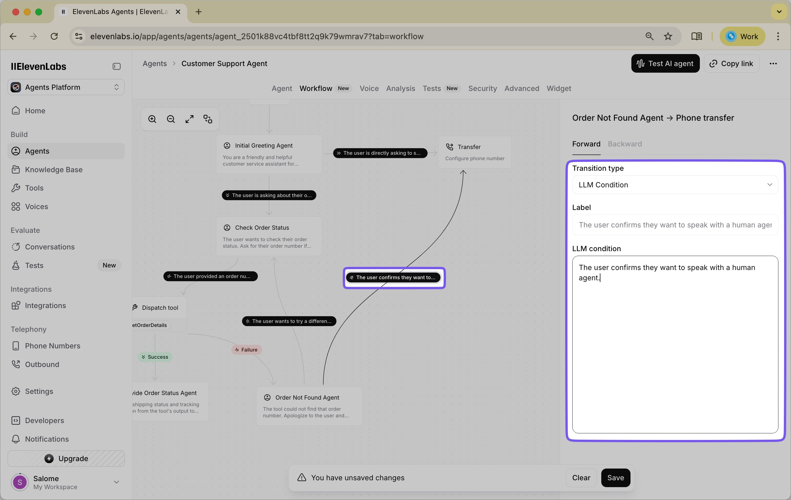 Interface showing the configuration of conditions that trigger a transfer to a human agent when requested by the user