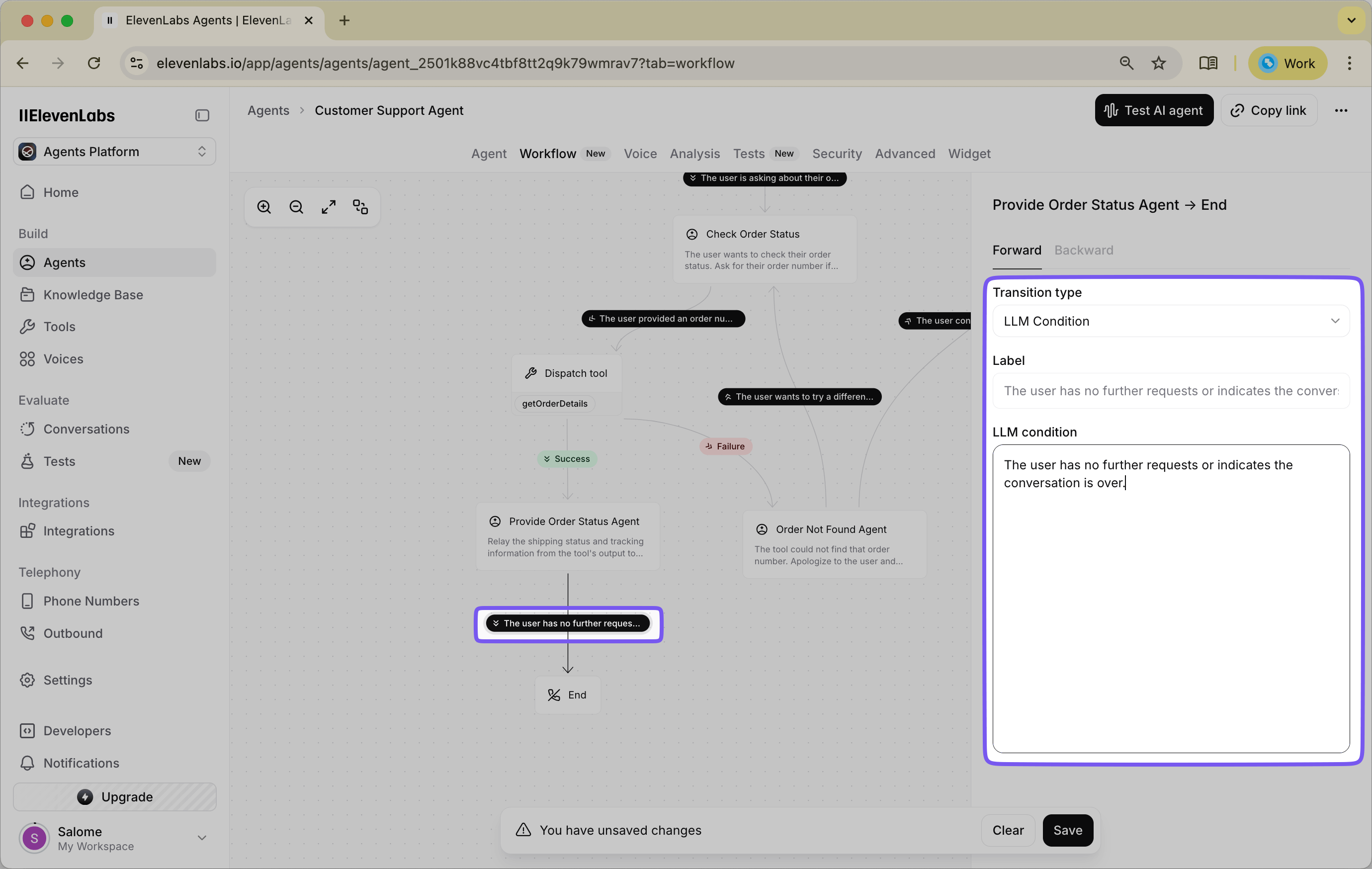 Configuration screen showing LLM condition setup for detecting when a conversation can be successfully concluded
