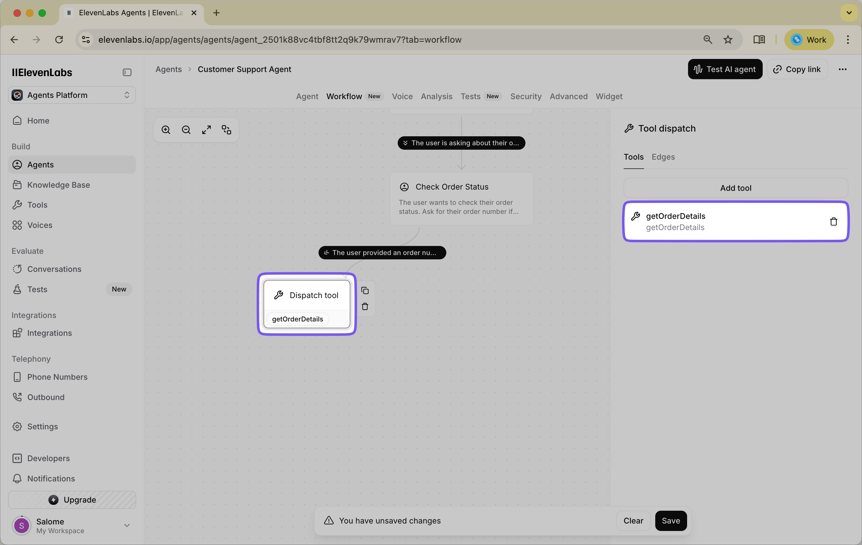 Interface showing the configuration of a Dispatch Tool Node with the getOrderDetails tool selected and its parameters set up