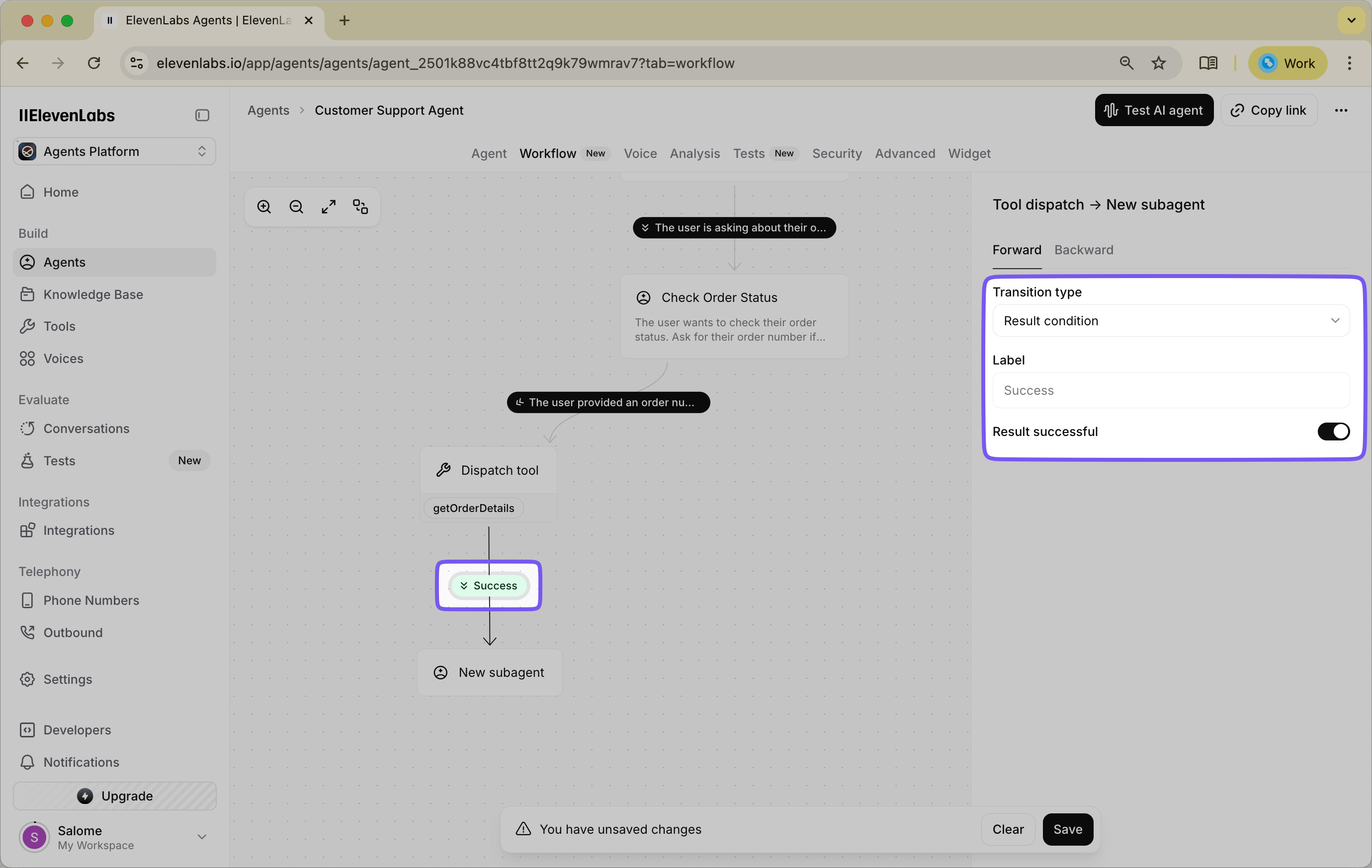 Configuration screen showing the setup of a success condition path for when the order lookup tool executes successfully