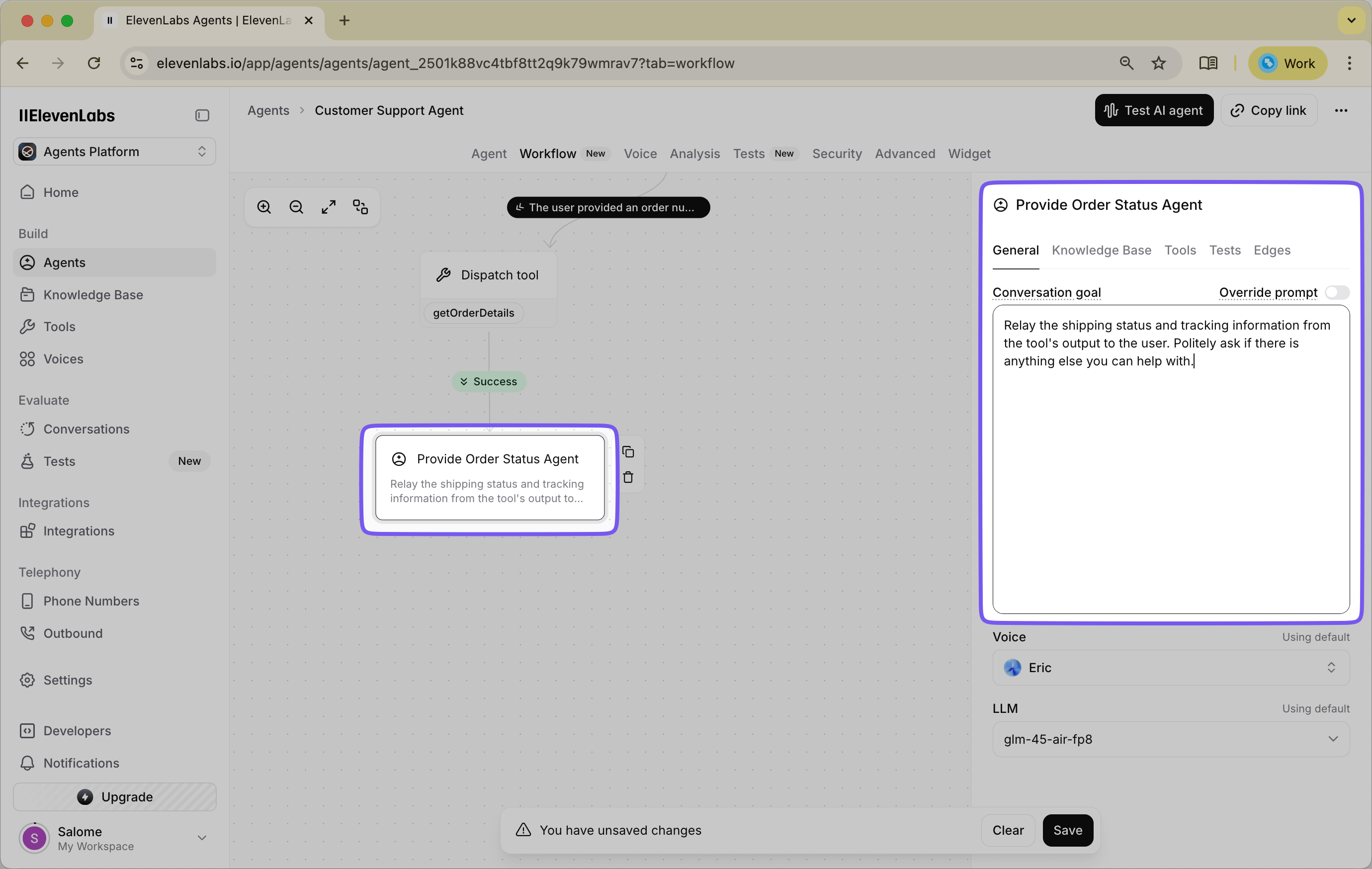 Interface showing the prompt configuration for a Subagent that communicates order status and tracking information to customers