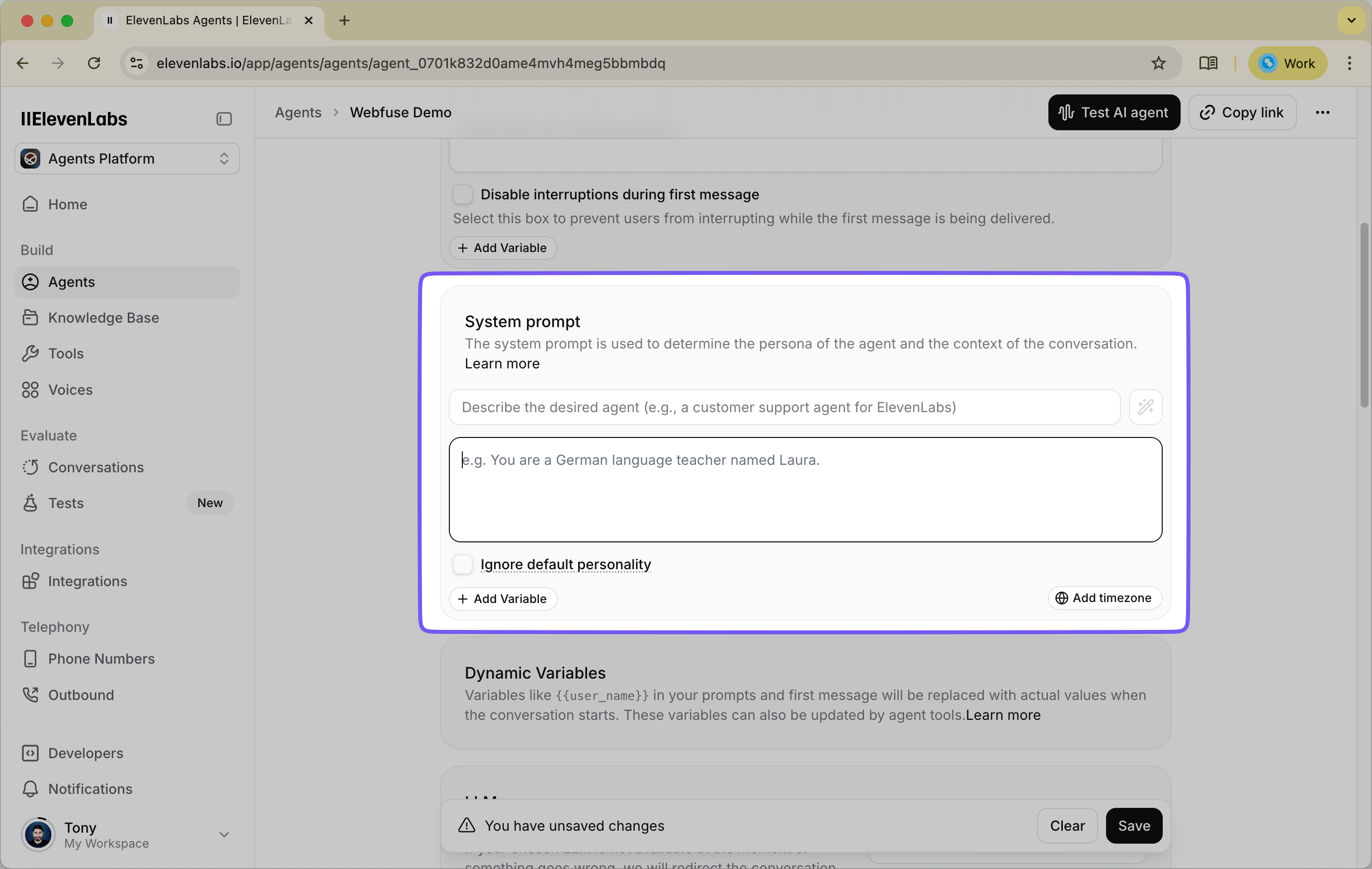 Set the system prompt and instructions