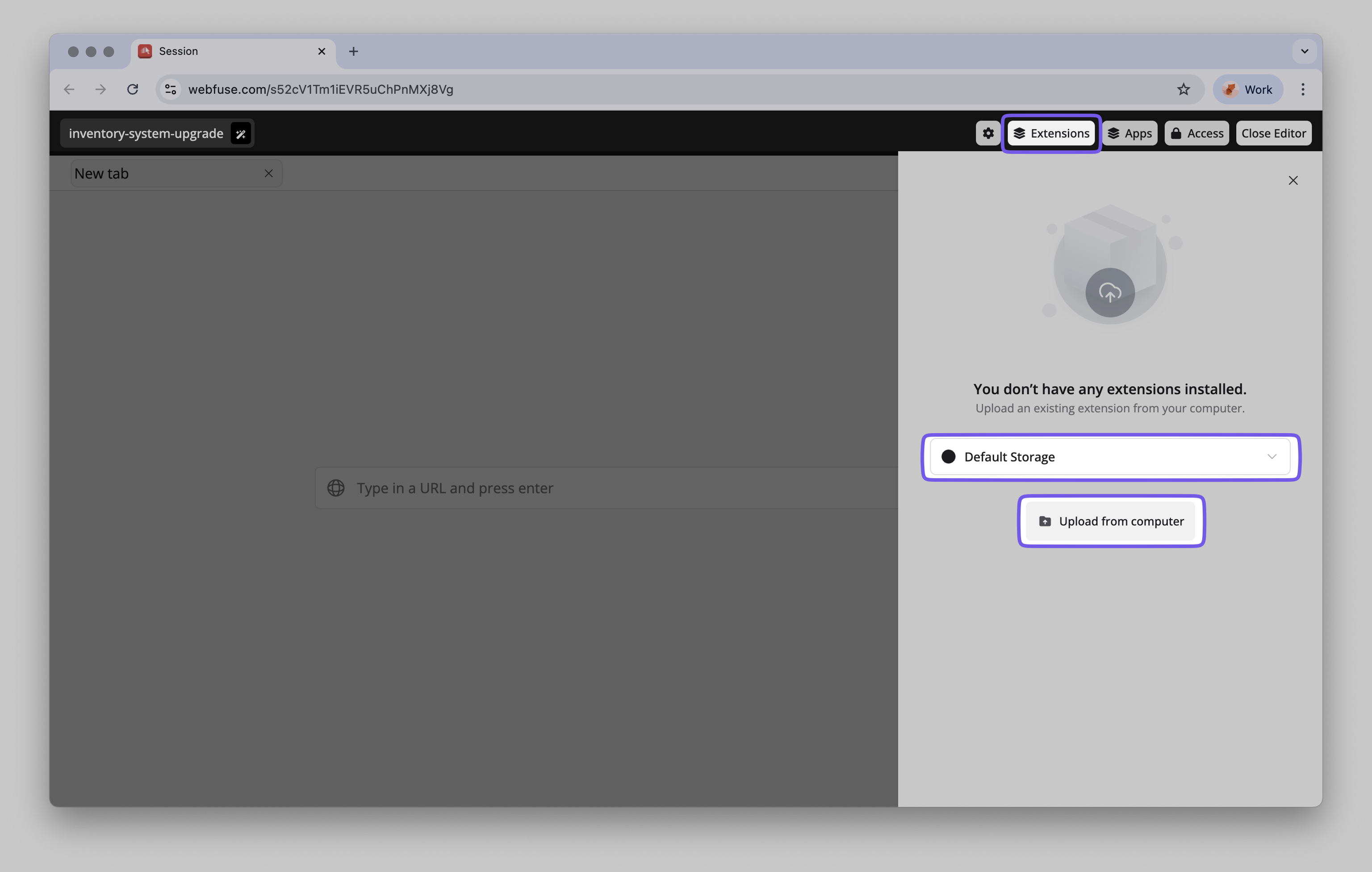 Uploading an extension to the Webfuse Space.