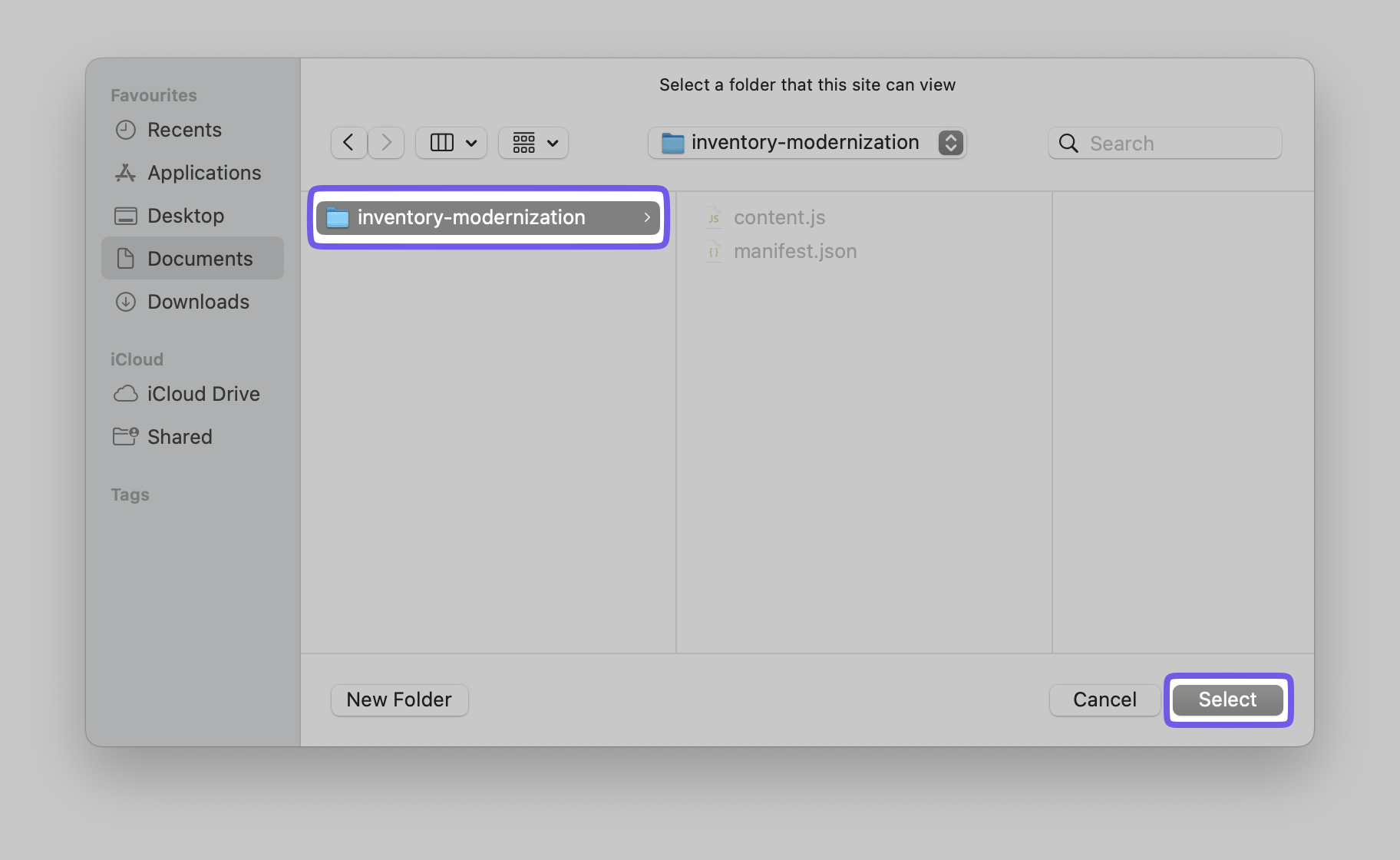 Selecting the extension folder for upload.