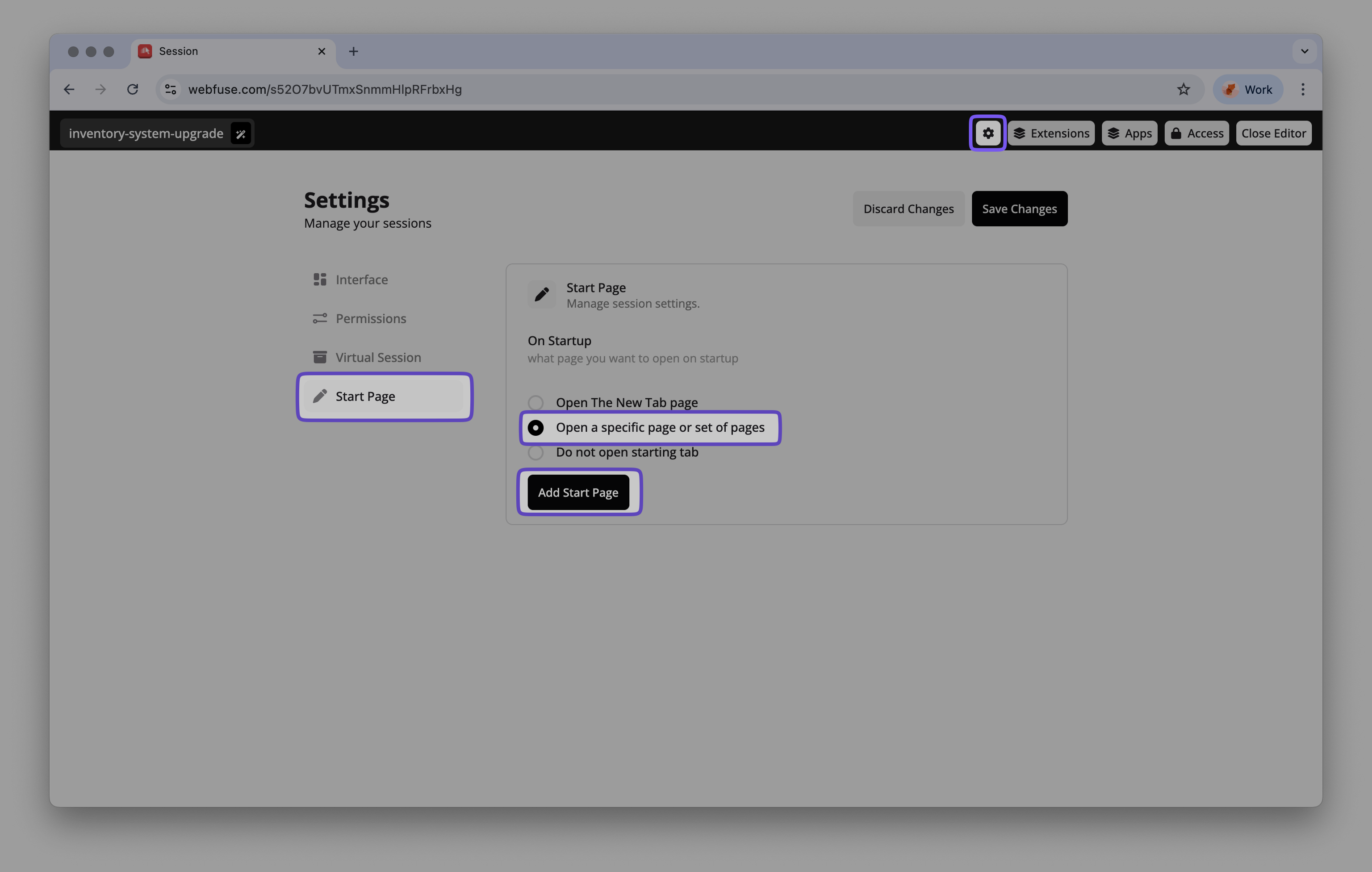 Navigating to the Start Page configuration in Webfuse Space settings.