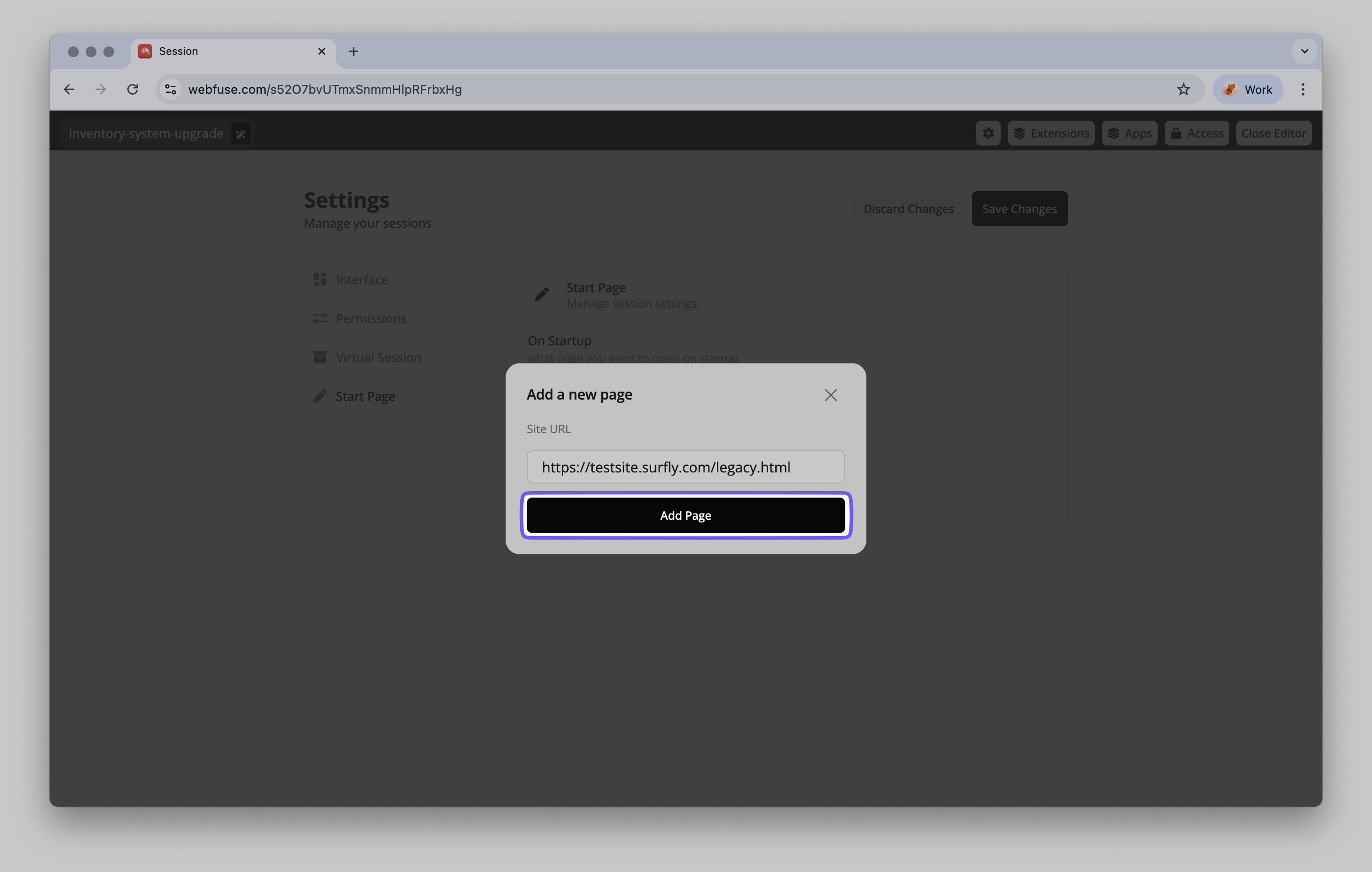 Entering the legacy system URL into the start page configuration.