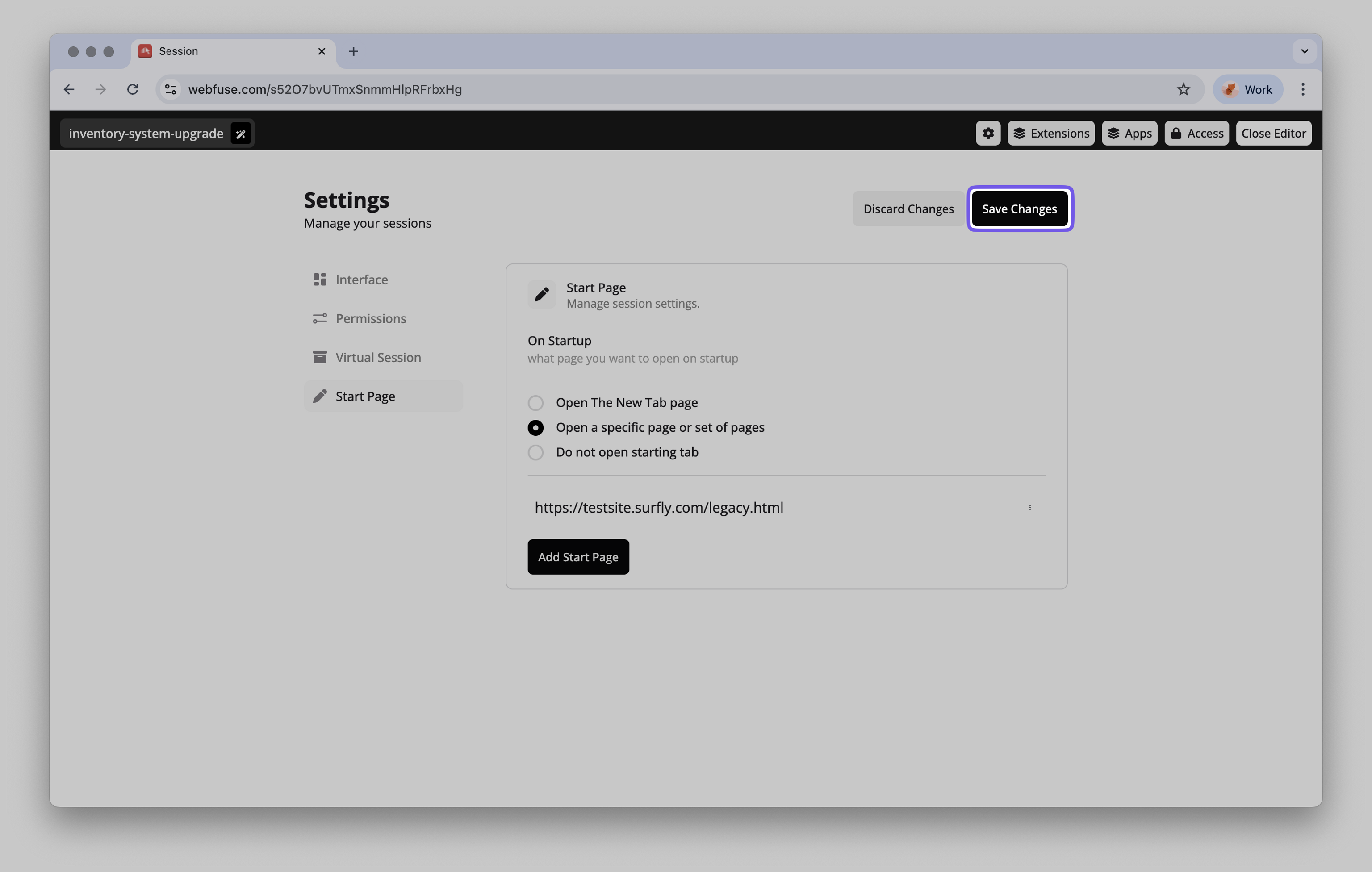 Saving the start page configuration.