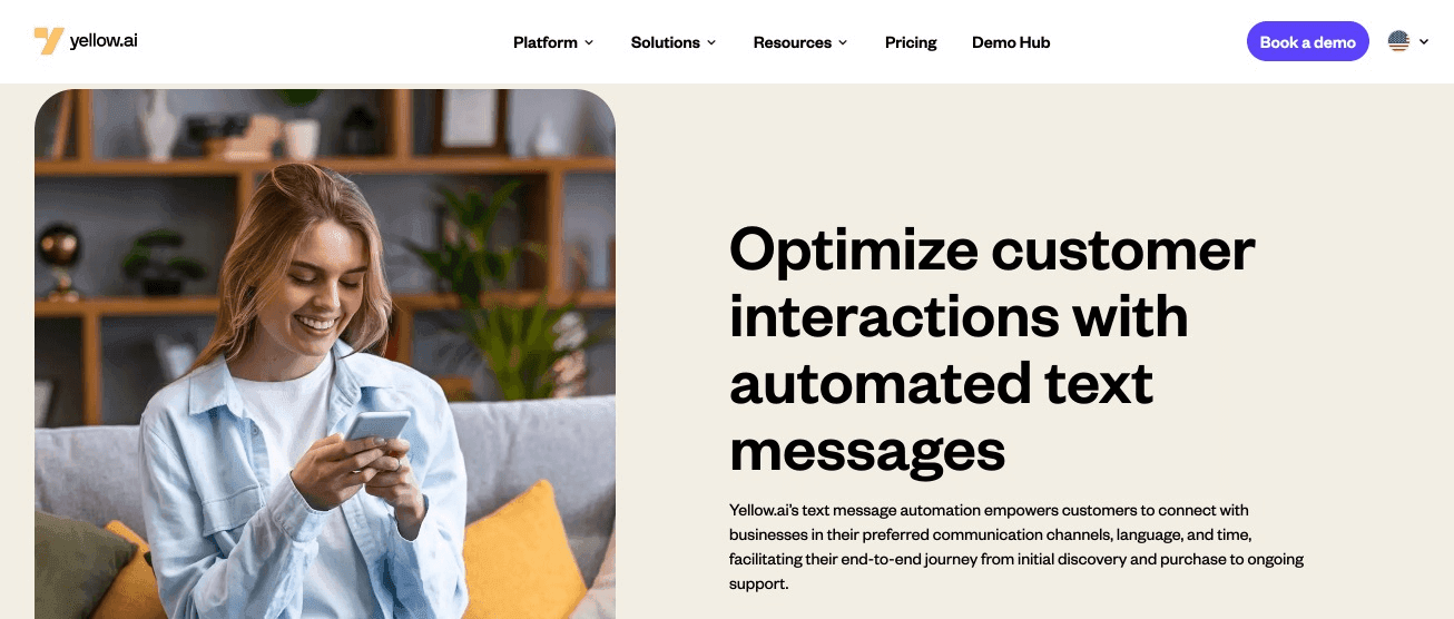 Yellow.ai landing page promoting their dynamic automation platform