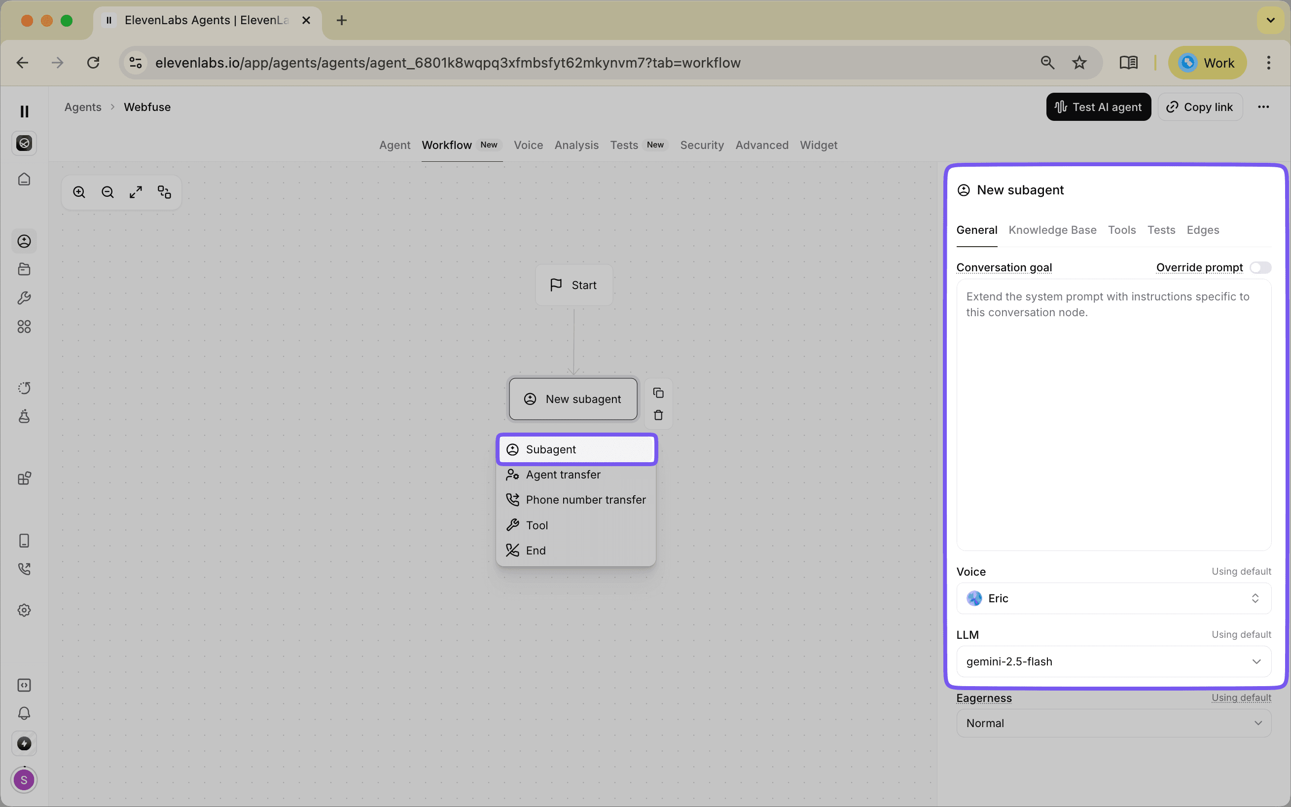 Screenshot of a Subagent node in ElevenLabs Agent Workflows showing configuration options for system prompt, LLM selection, and voice settings