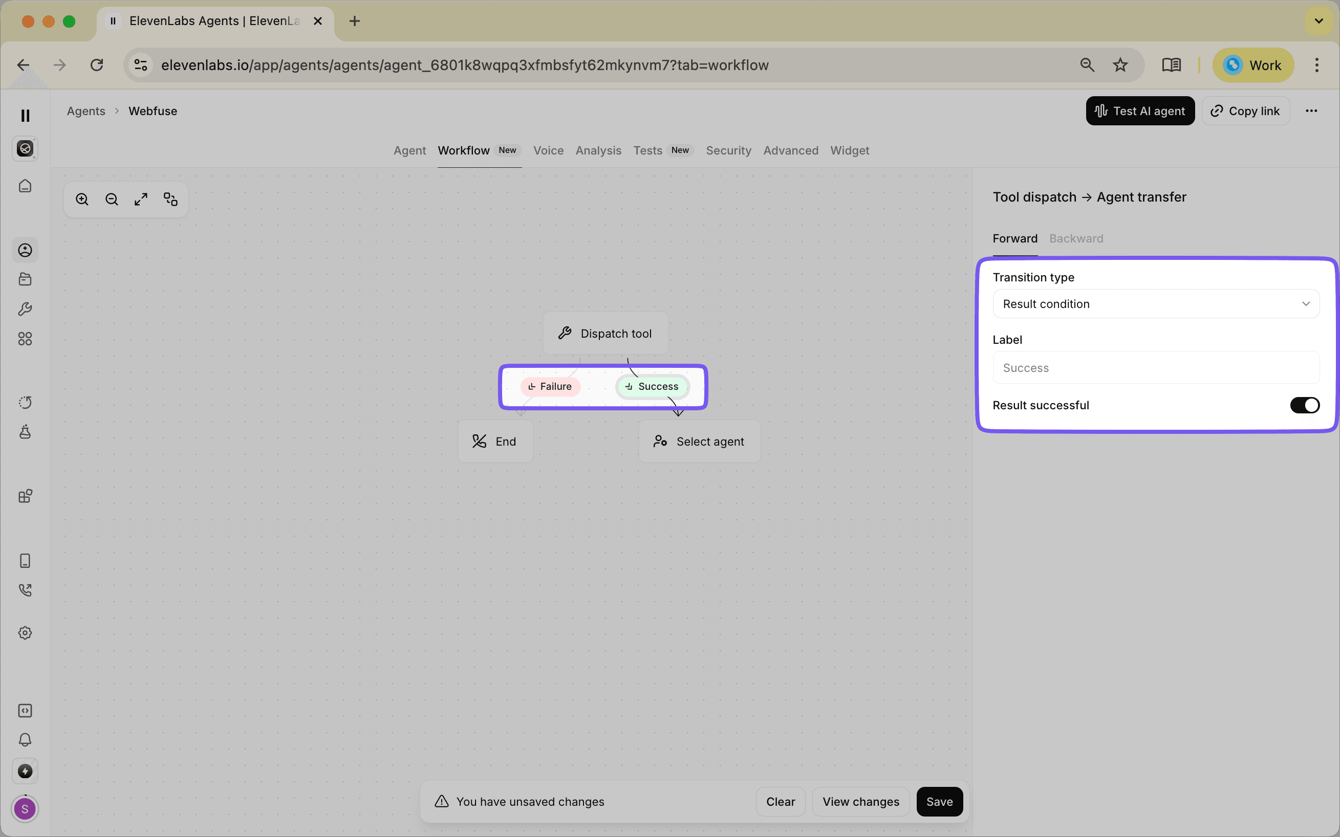 Screenshot of a Dispatch Tool node in ElevenLabs Agent Workflows illustrating success and failure paths for tool execution