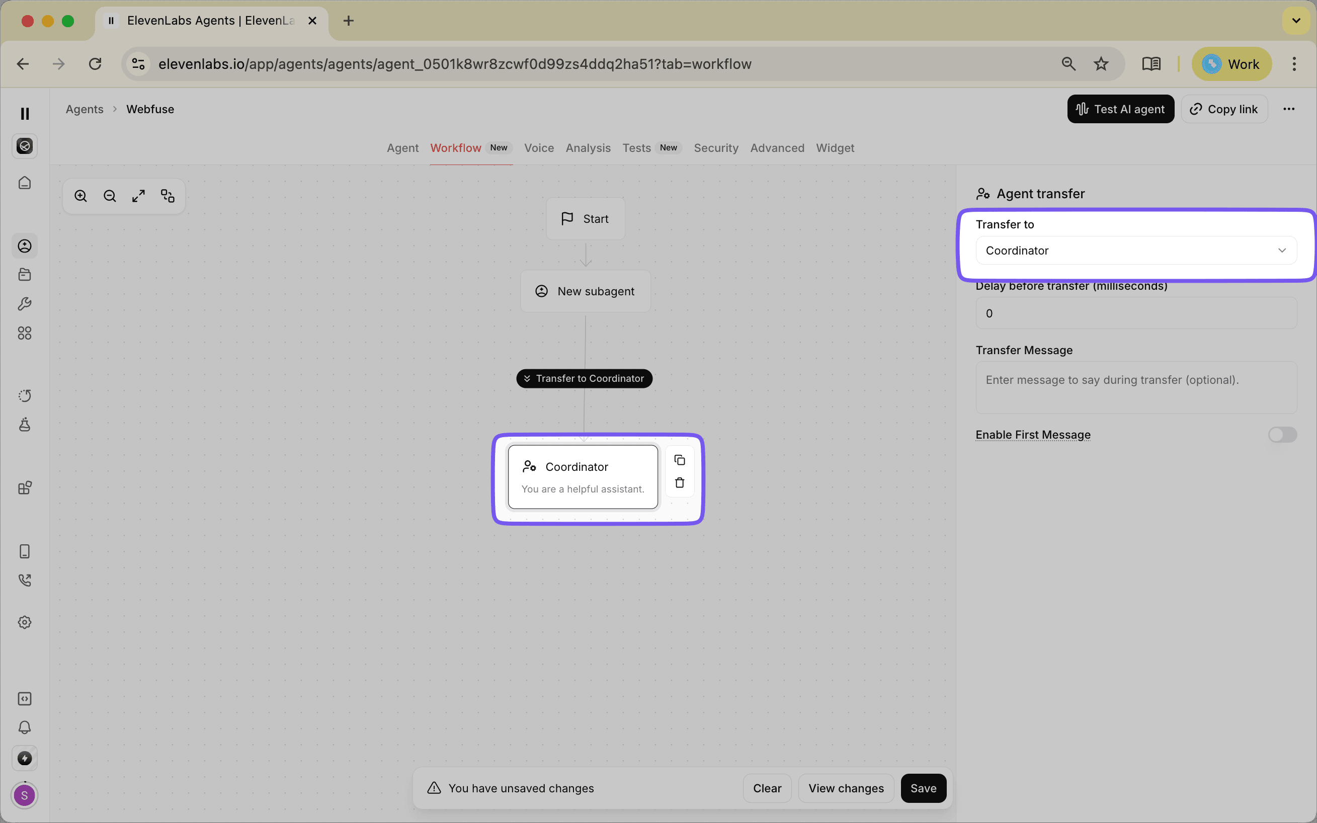 Screenshot of an Agent Transfer node showing the interface for transferring conversations between different AI agents