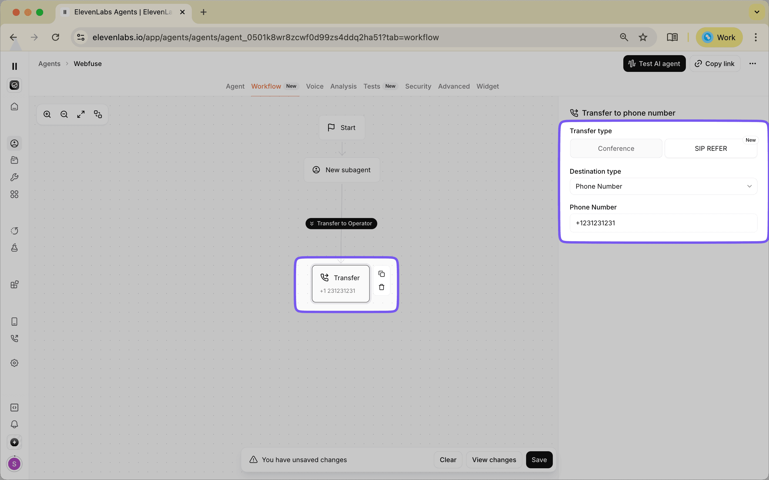 Screenshot of a Transfer to Number node interface showing configuration options for human agent handoff