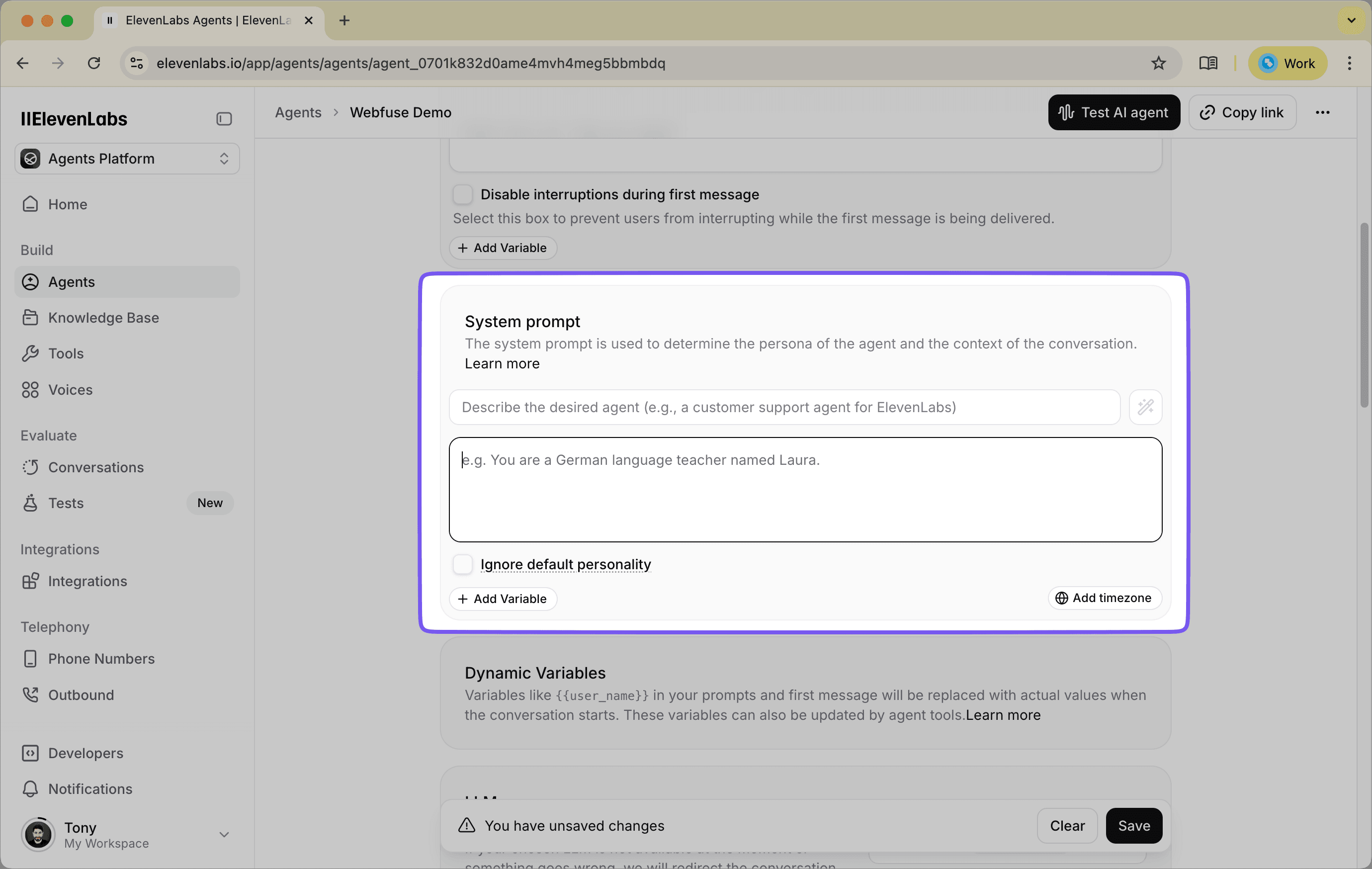 Set the system prompt and instructions