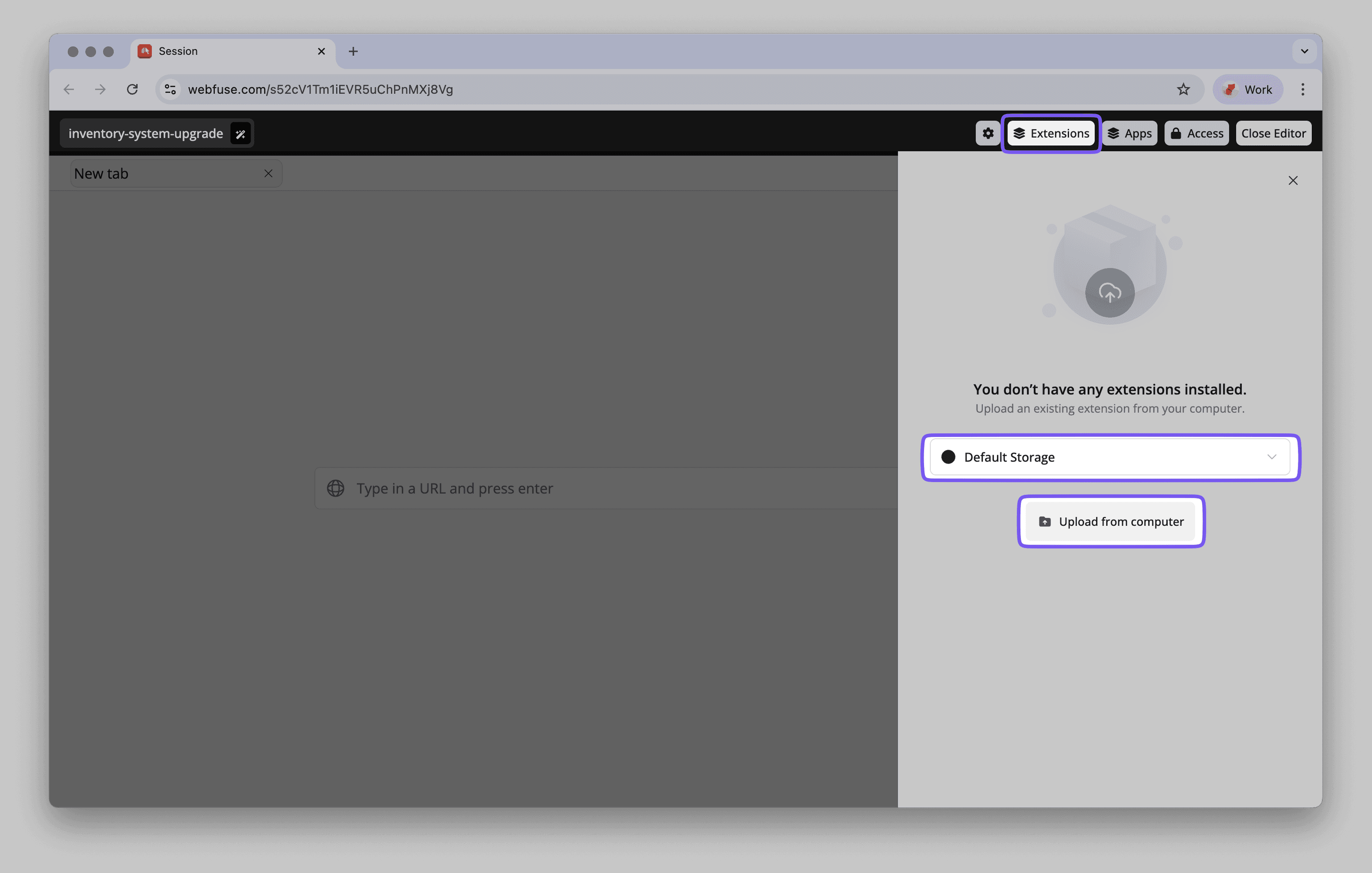 Uploading an extension to the Webfuse space.