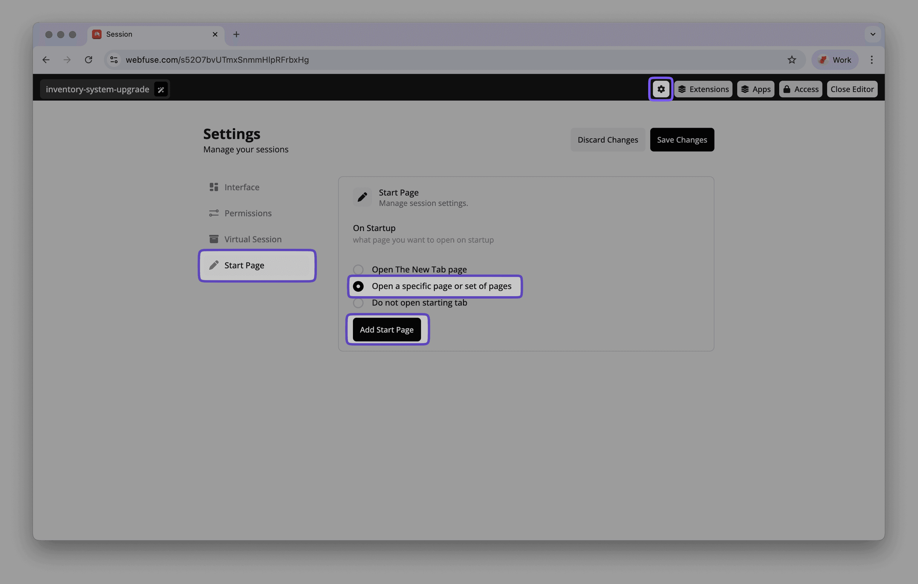 Navigating to the Start Page configuration in Webfuse space settings.