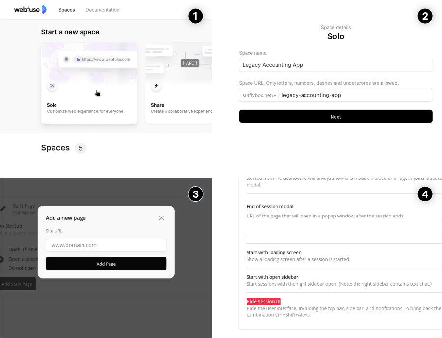 Visual step-by-step guide on how to set up a Webfuse Space for embedding any website