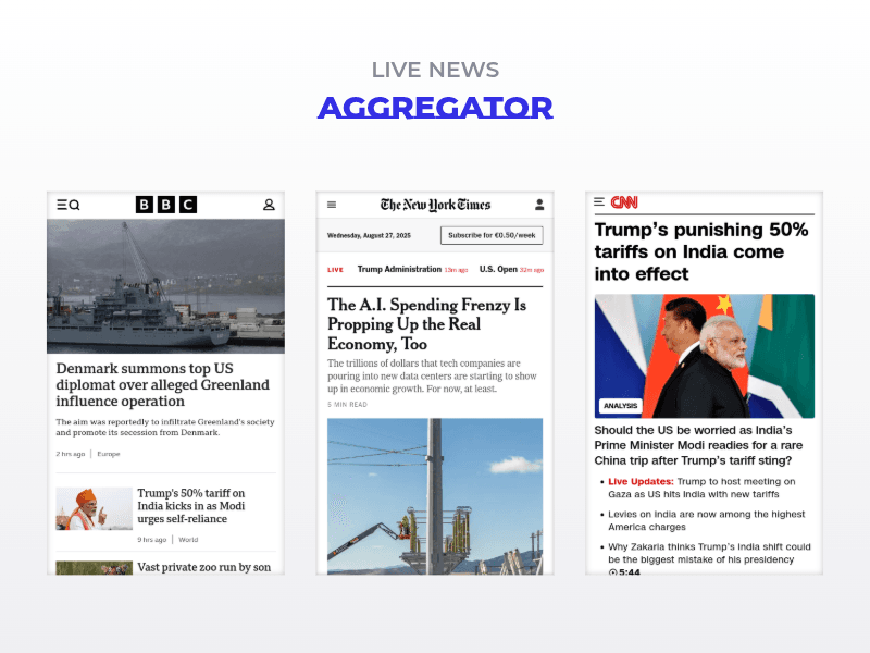 A simple news frontpage aggregator example representing limitless embed capabilities with Webfuse