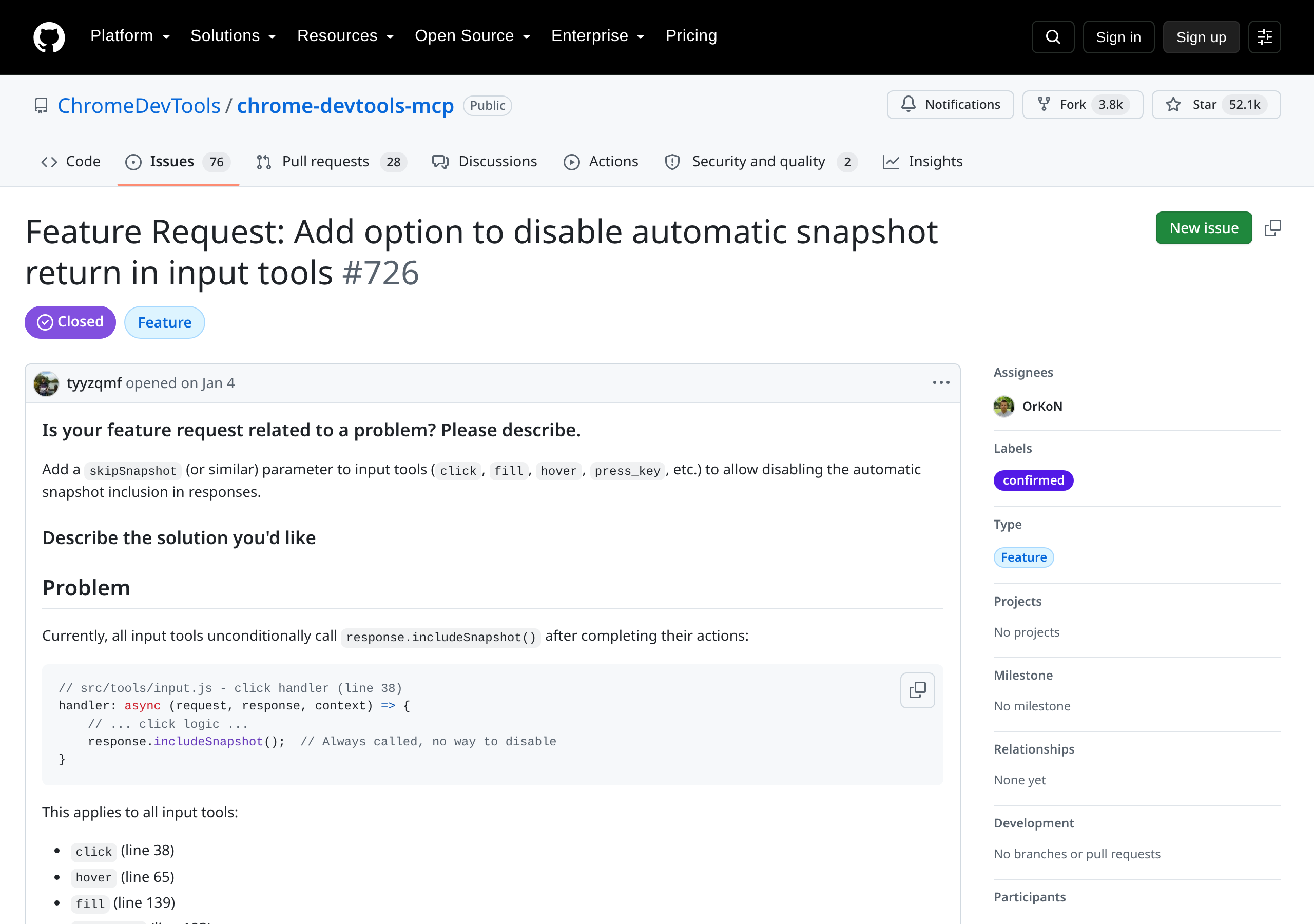 Chrome DevTools MCP issue 726 showing input tools always calling includeSnapshot with no way to disable it
