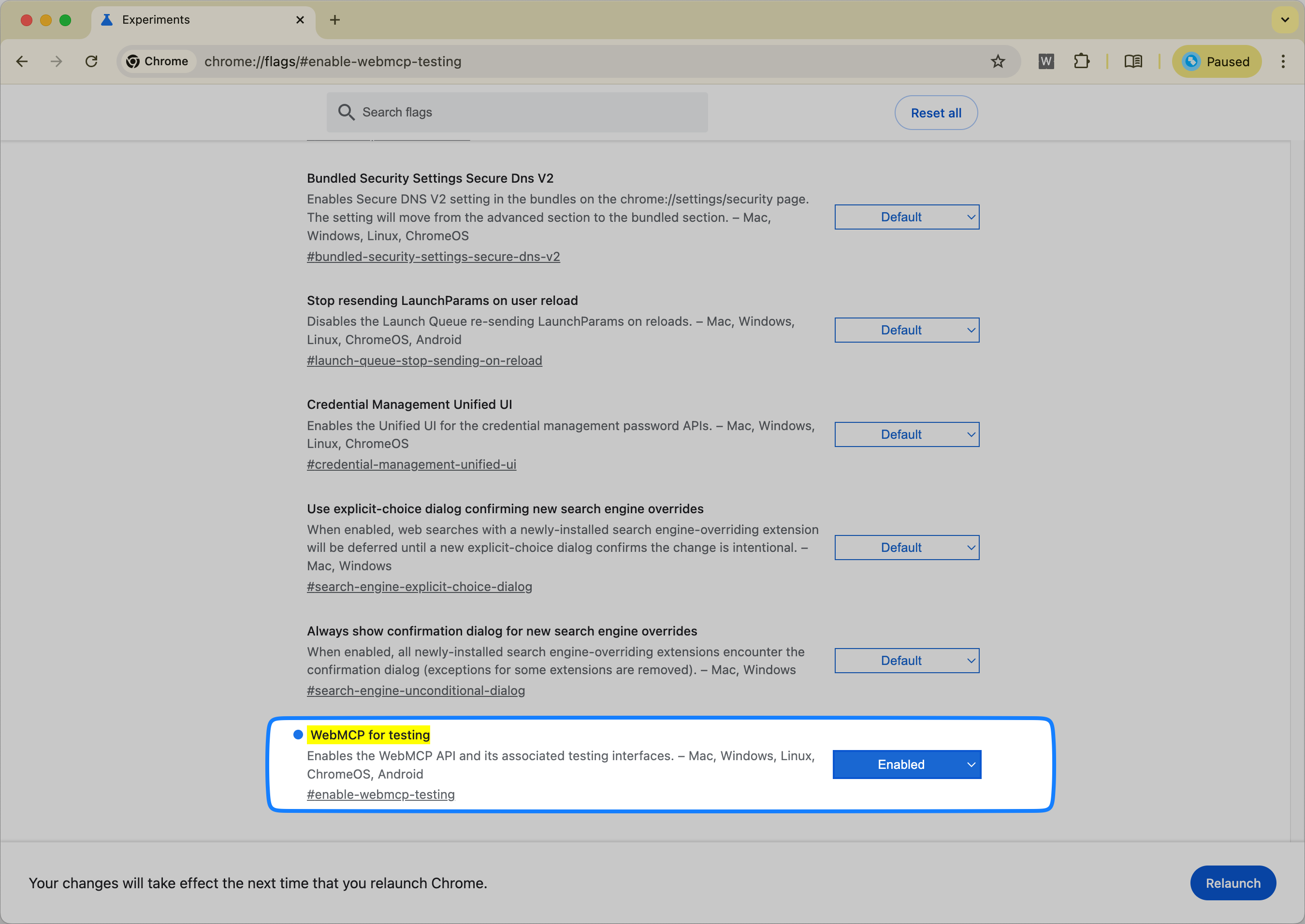 Chrome flags page showing the WebMCP for testing flag enabled at chrome://flags/#enable-webmcp-testing